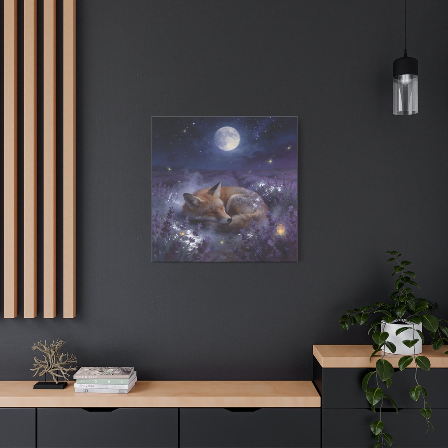 Sleeping Red Fox Canvas Wall Art - Moonlit Lavender Field, Fireflies, Starry Night Sky - Dreamy Woodland Animal Print - Matte Finish Canvas - Bedroom Wall Decor, Nursery Accent - Cozy Reading Nook Art