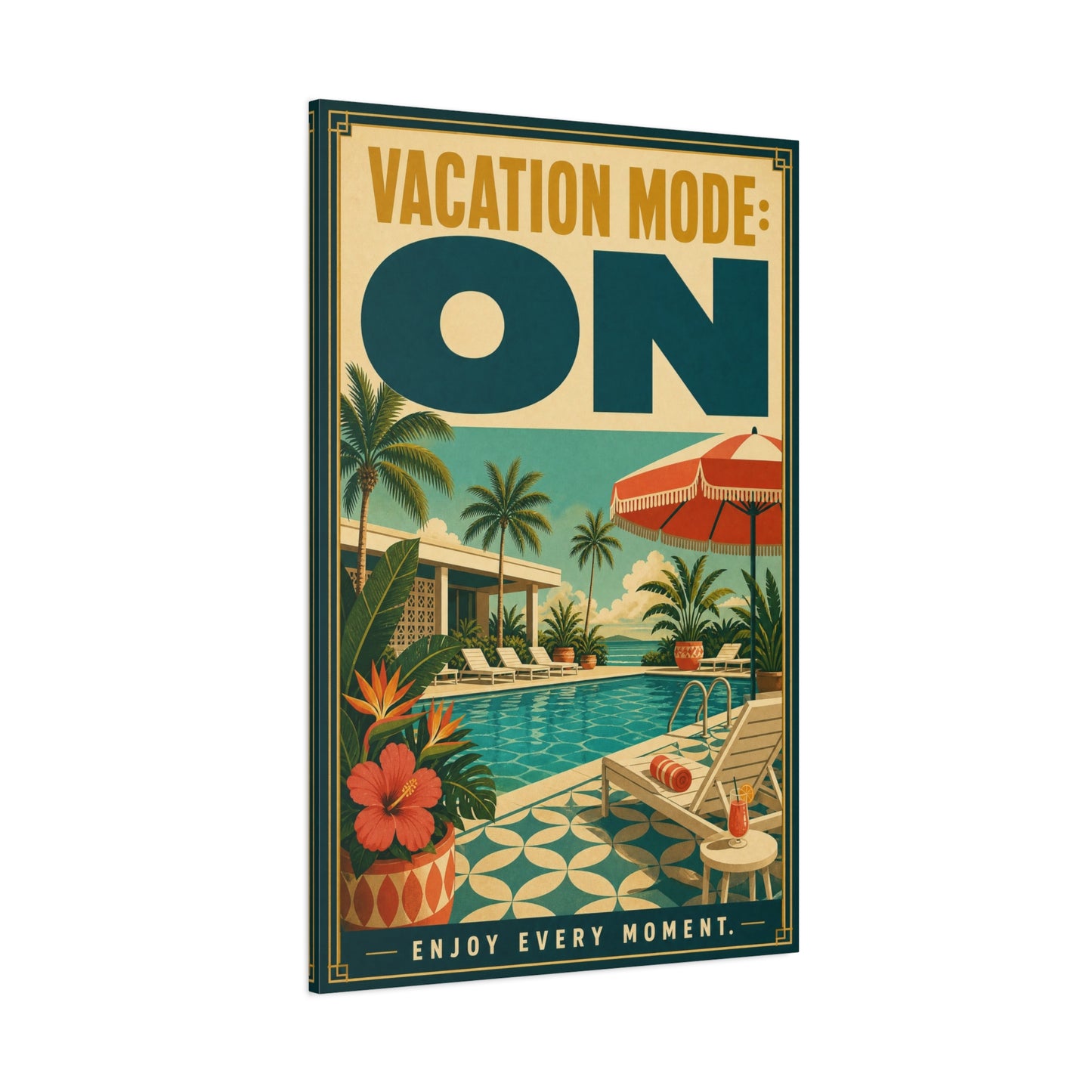 "Vacation Mode: On" Tropical Poolside Canvas Wall Art - Retro Resort Poster Print, Palm Tree Coastal Decor, Vintage Travel Style, Living Room Wall Decor, Vacation Rental Decoration - Ready to Hang
