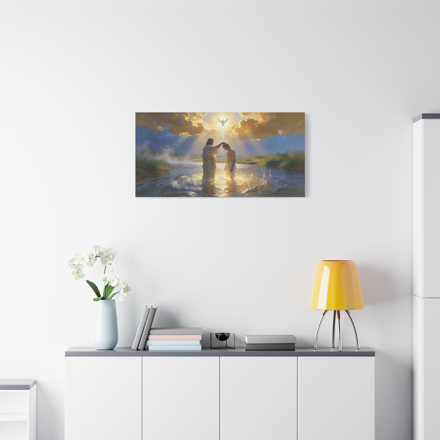 Baptism Of Jesus Christ Canvas Wall Art - Dove, Golden Light, River Scene - Religious Christian Wall Decor, Traditional Matte Canvas Print, Living Room Bedroom Home Decoration - Modern Farmhouse Style