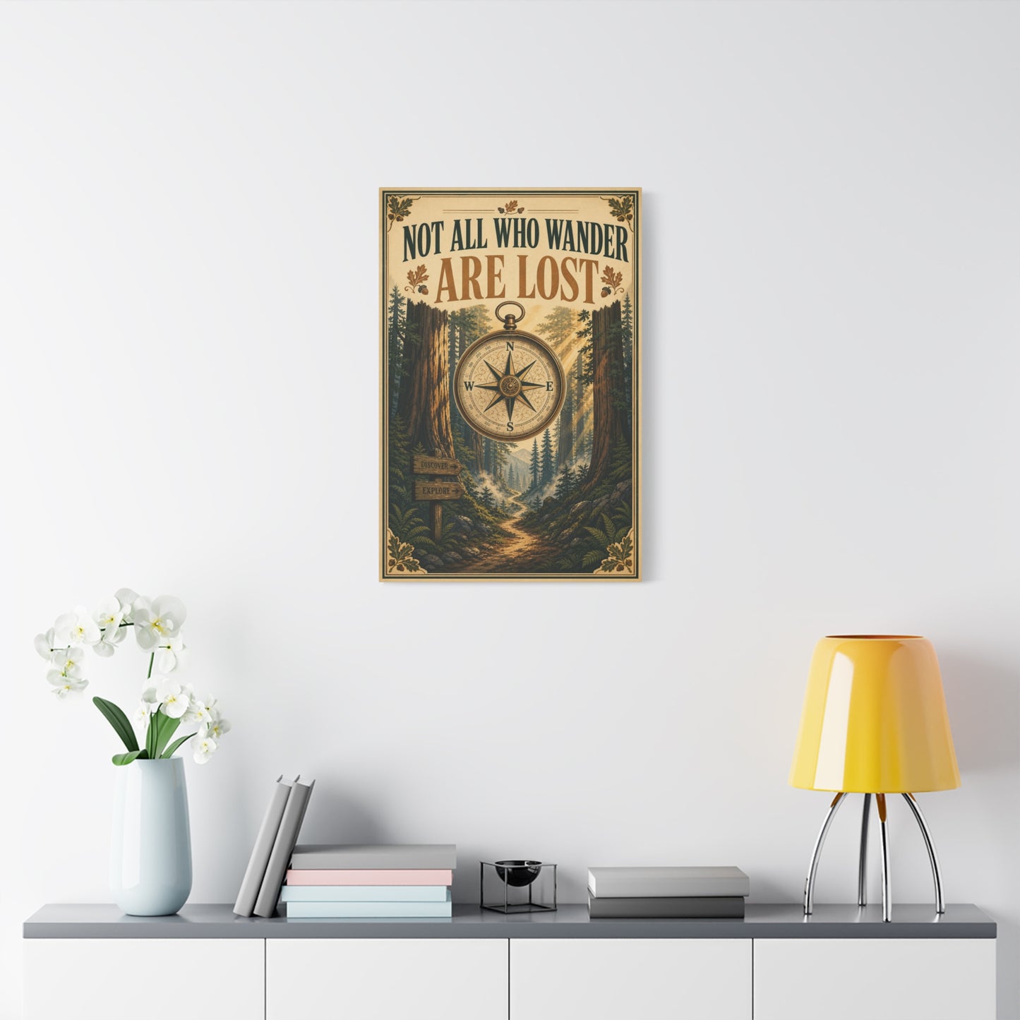 "Not All Who Wander Are Lost" Canvas Wall Art - Forest Compass Quote Print, Vintage Rustic Adventure Decor, Wanderlust Typography Poster Style, Living Room Bedroom Office - Living Room Wall Decor