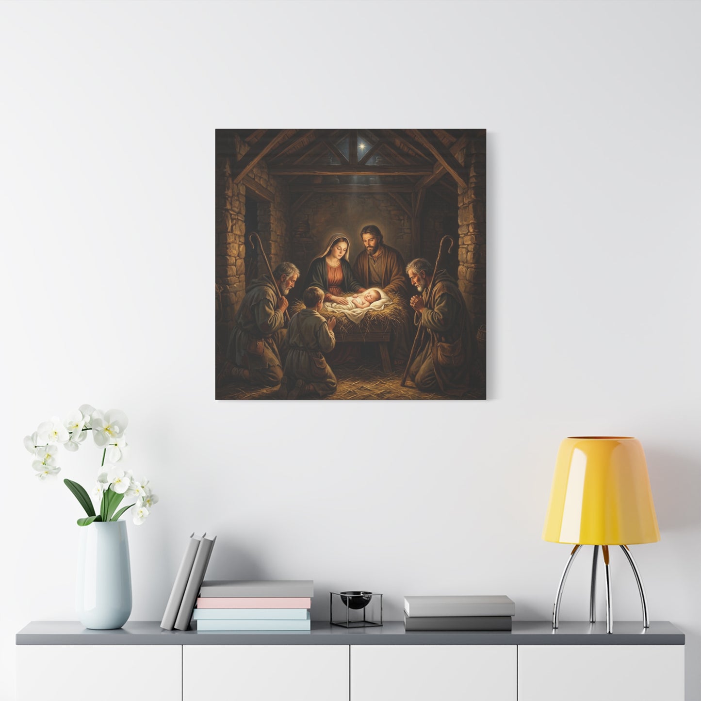 Nativity Scene Canvas Wall Art - Baby Jesus, Virgin Mary, Saint Joseph In Bethlehem Stable - Matte Cotton Print For Living Room Bedroom - Living Room Wall Decor - Bedroom Home Decoration