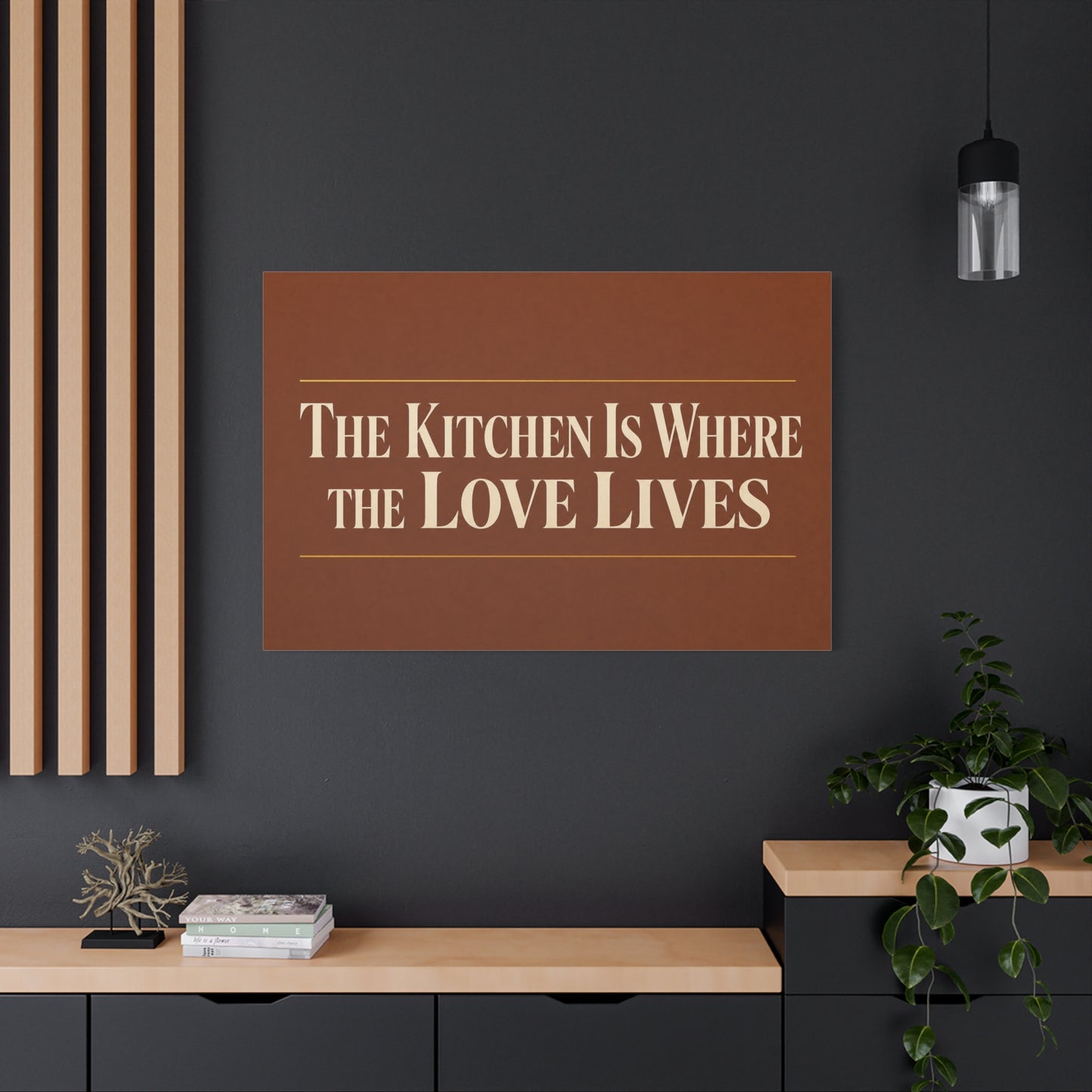 "The Kitchen Is Where The Love Lives" Canvas Wall Art - Typography Kitchen Decor, Brown Minimalist Quote Print, Farmhouse Dining Room Decoration - Living Room Wall Decor - Bedroom Home Decoration