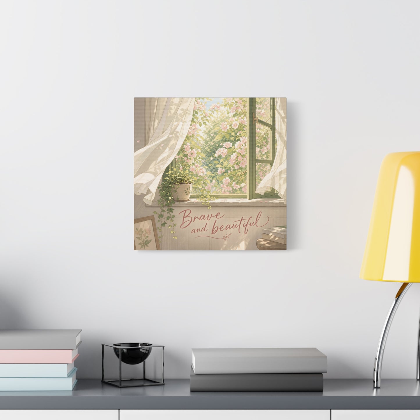 "Brave And Beautiful" Inspirational Canvas Wall Art - Open Window Pink Blossoms, Sheer Curtains, Botanical Quote Print - Soft Vintage Style - Bedroom Wall Decor, Living Room Accent - Ready to Hang