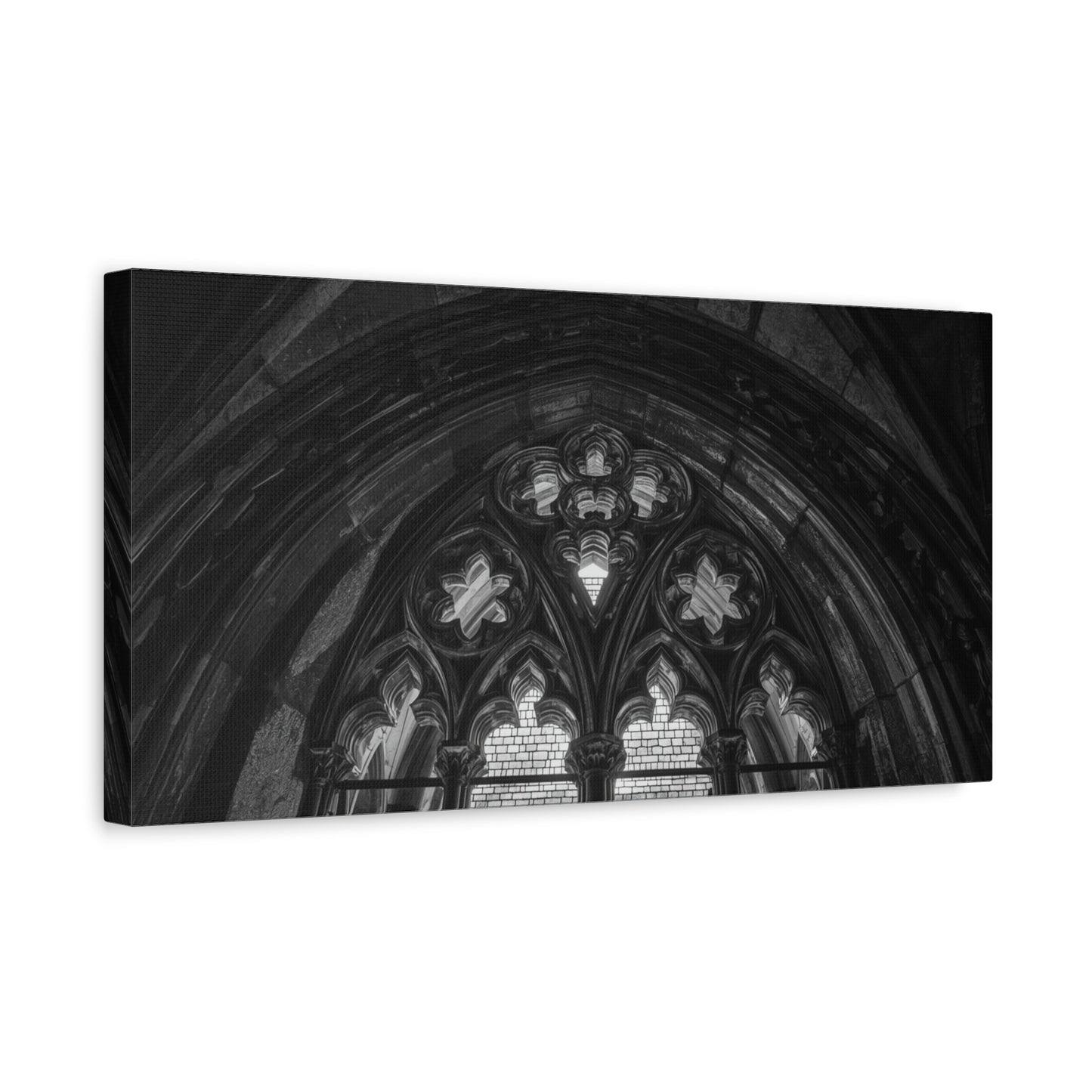 Gothic Cathedral Arch Canvas Wall Art - Black And White Architectural Art Print - Moody Stone Tracery, Matte Finish - Living Room Wall Decor, Office Art Accent - Bedroom Home Decoration