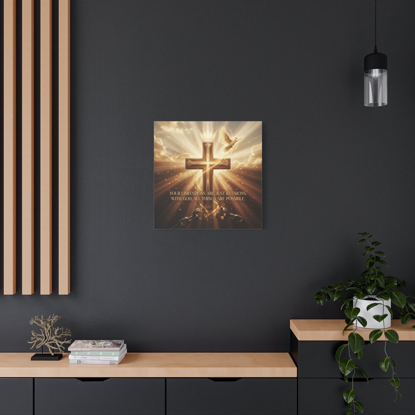 "Your Limitations Are Just Illusions. With God, All Things Are Possible." Christian Canvas Wall Art - Glowing Cross, White Dove, Crown, Broken Chains - Gold Religious Wall Decor For Living Room