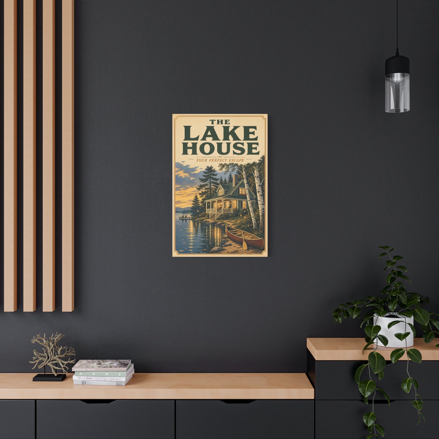 "The Lake House Your ideal Escape" Canvas Wall Art - Vintage Lakeside Cabin, Canoe And Birch Trees - Rustic Landscape Print - Living Room Wall Decor, Cabin Home Decoration - Bedroom Home Decoration