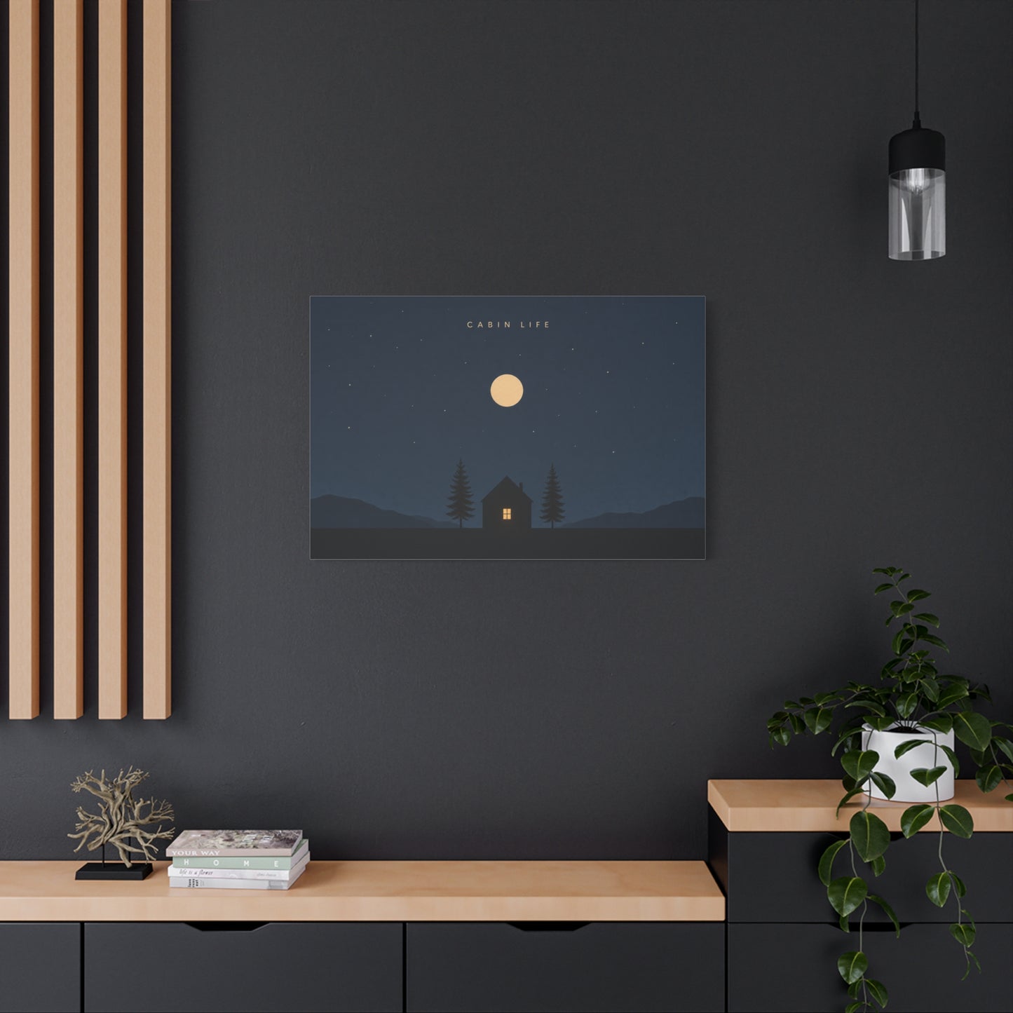 "Cabin Life" Moonlit Forest Canvas Wall Art - Minimalist Night Landscape Print - Rustic Lodge Decor, Bedroom Wall Accent, Living Room Decoration, Mountain Retreat Style - Bedroom Home Decoration
