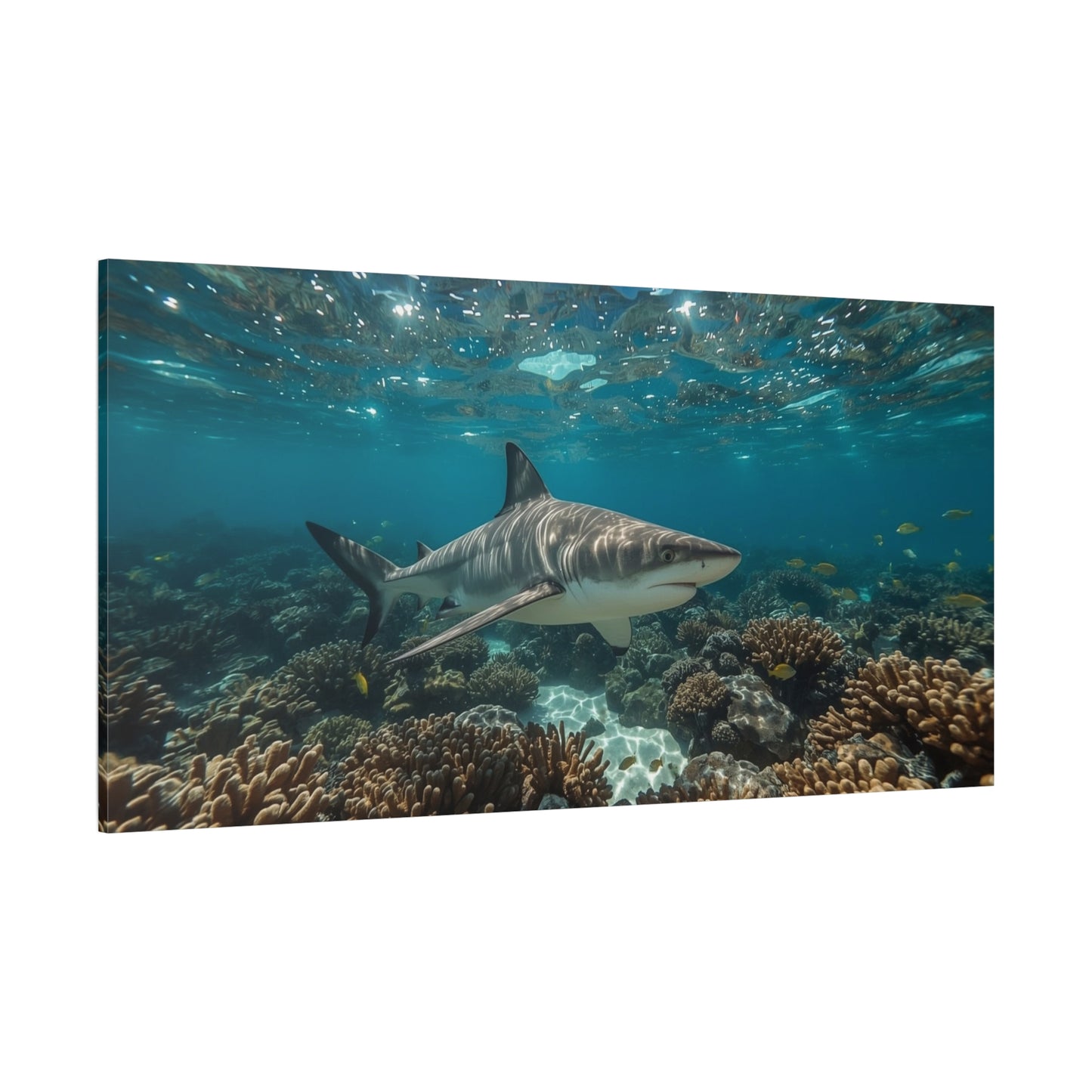 Tiger Shark Canvas Wall Art - Underwater Coral Reef Ocean Art Print, Blue Coastal Wall Decor - Matte Canvas Seascape - Living Room Home Decoration, Office Art - Bedroom Home Decoration