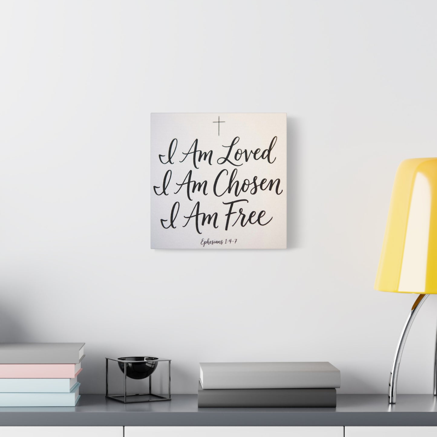 "I Am Loved, Chosen, Free" Christian Canvas Wall Art - Ephesians 1:4-7 Scripture Cross Print - Neutral Typography Decor - Bedroom Home Decoration, Living Room Wall Decor - Ready to Hang