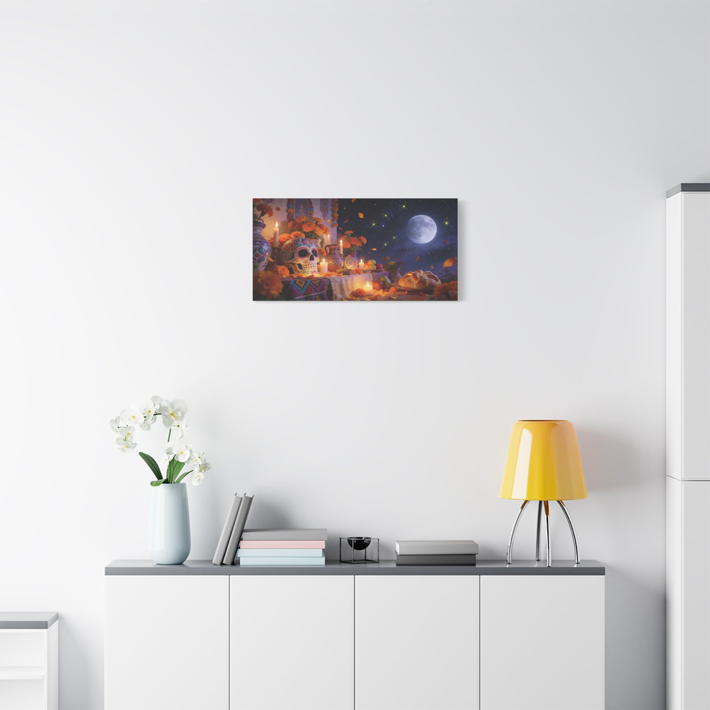 Day Of The Dead Altar Canvas Wall Art - Sugar Skull, Marigolds, Candles, Full Moon - Traditional Folk Style - Living Room Wall Decor, Dining Room Accent, Bedroom Home Decoration - Ready to Hang