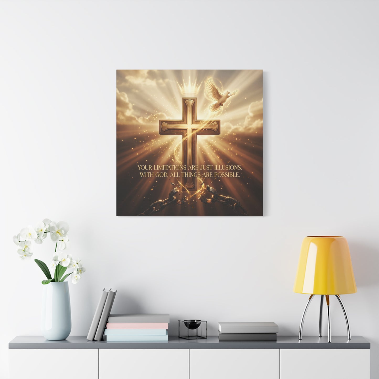"Your Limitations Are Just Illusions. With God, All Things Are Possible." Christian Canvas Wall Art - Glowing Cross, White Dove, Crown, Broken Chains - Gold Religious Wall Decor For Living Room