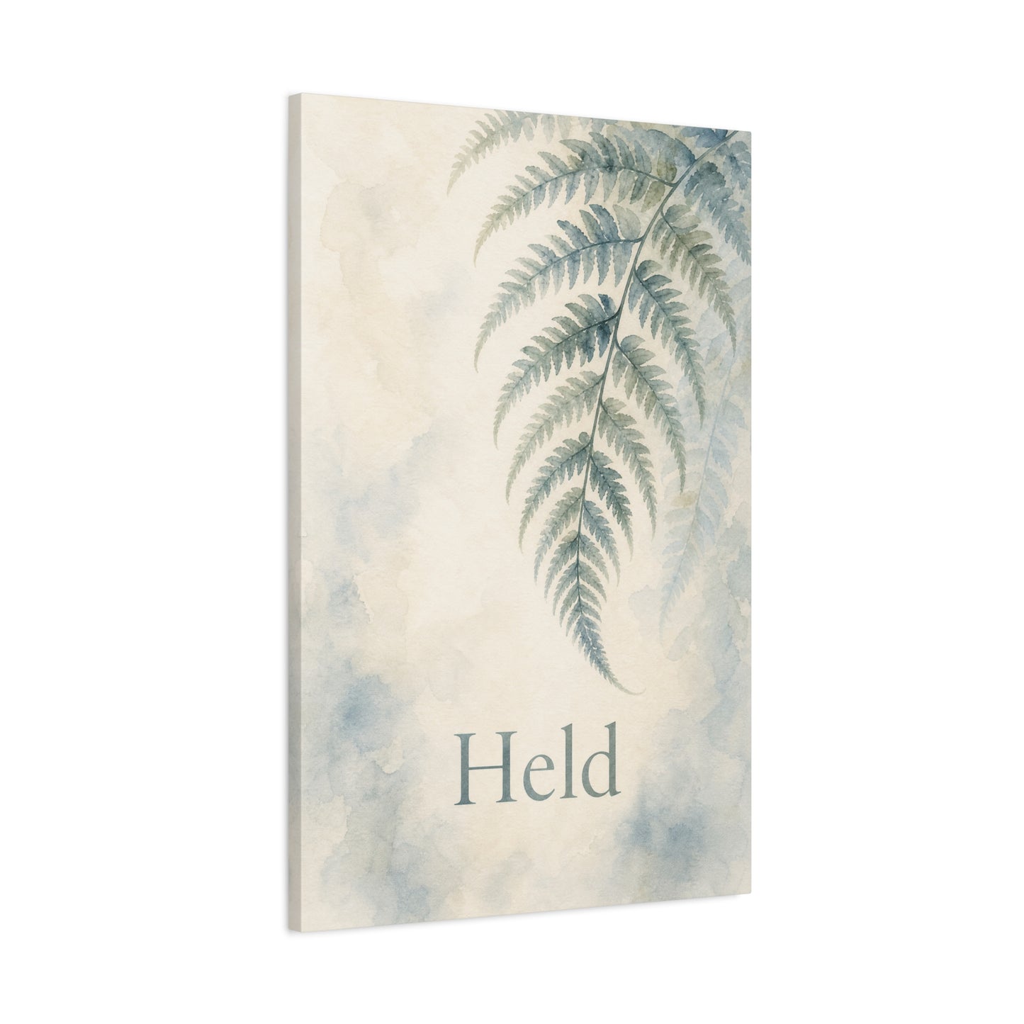 "Held" Fern Botanical Canvas Wall Art - Watercolor Leaf Print, Calming Bedroom Wall Decor, Minimalist Blue Green Nature Home Decoration, Meditation Space Accent - Ready to Hang - Cozy Reading Nook Art