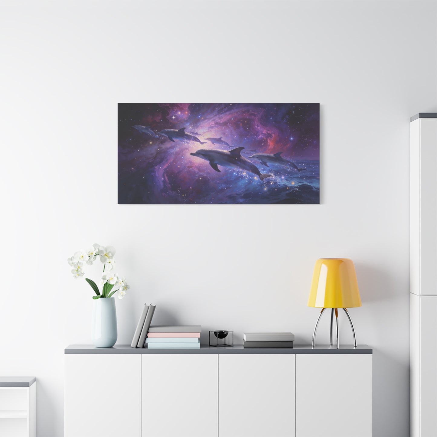 Cosmic Dolphin Canvas Wall Art - Celestial Ocean Galaxy Painting, Zebra Print Wallpaper Inspired Purple Blue Space Scene - Matte Canvas Print - Bedroom Living Room Decor - Living Room Wall Decor