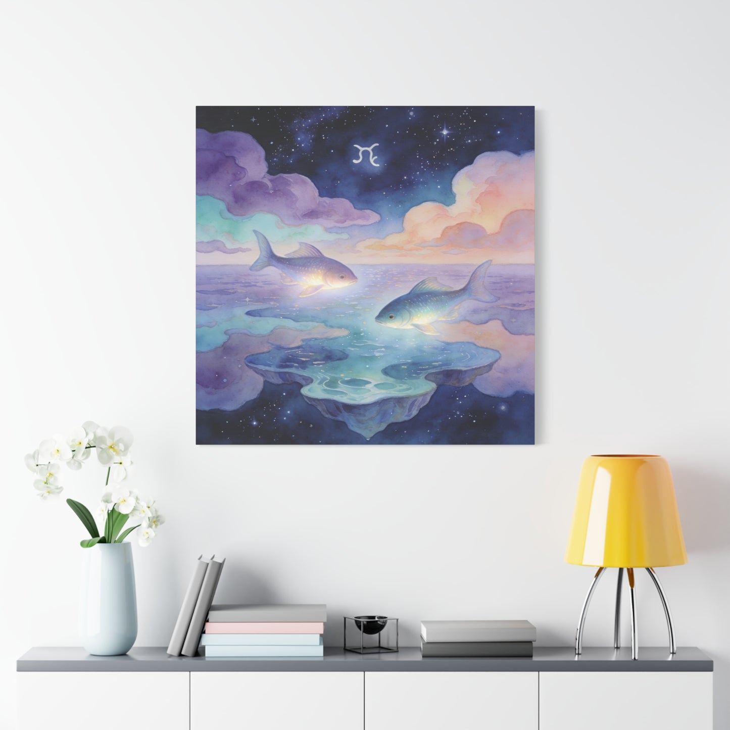 Pisces Zodiac Canvas Wall Art - Celestial Fish Over Dreamlike Sea, Watercolor Illustration - Mystical Night Sky, Matte Canvas Print - Bedroom Wall Decor, Meditation Space Accent - Ready to Hang