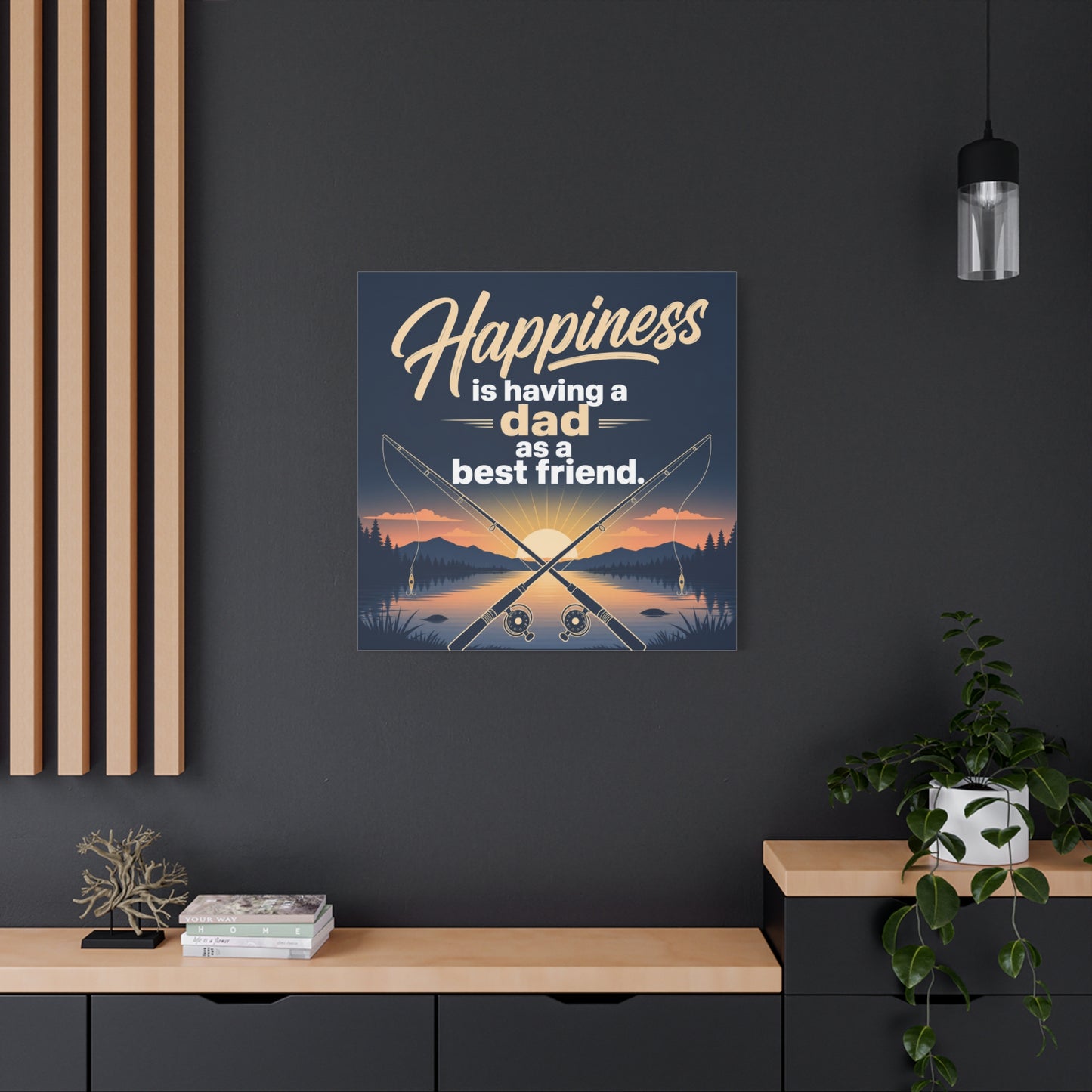 "Happiness Is Having A Dad As A Friend" Fishing Canvas Wall Art - Sunset Lake Quote Print - Rustic Typography Decor - Bedroom Home Decoration - Bedroom Home Decoration - Living Room Wall Decor