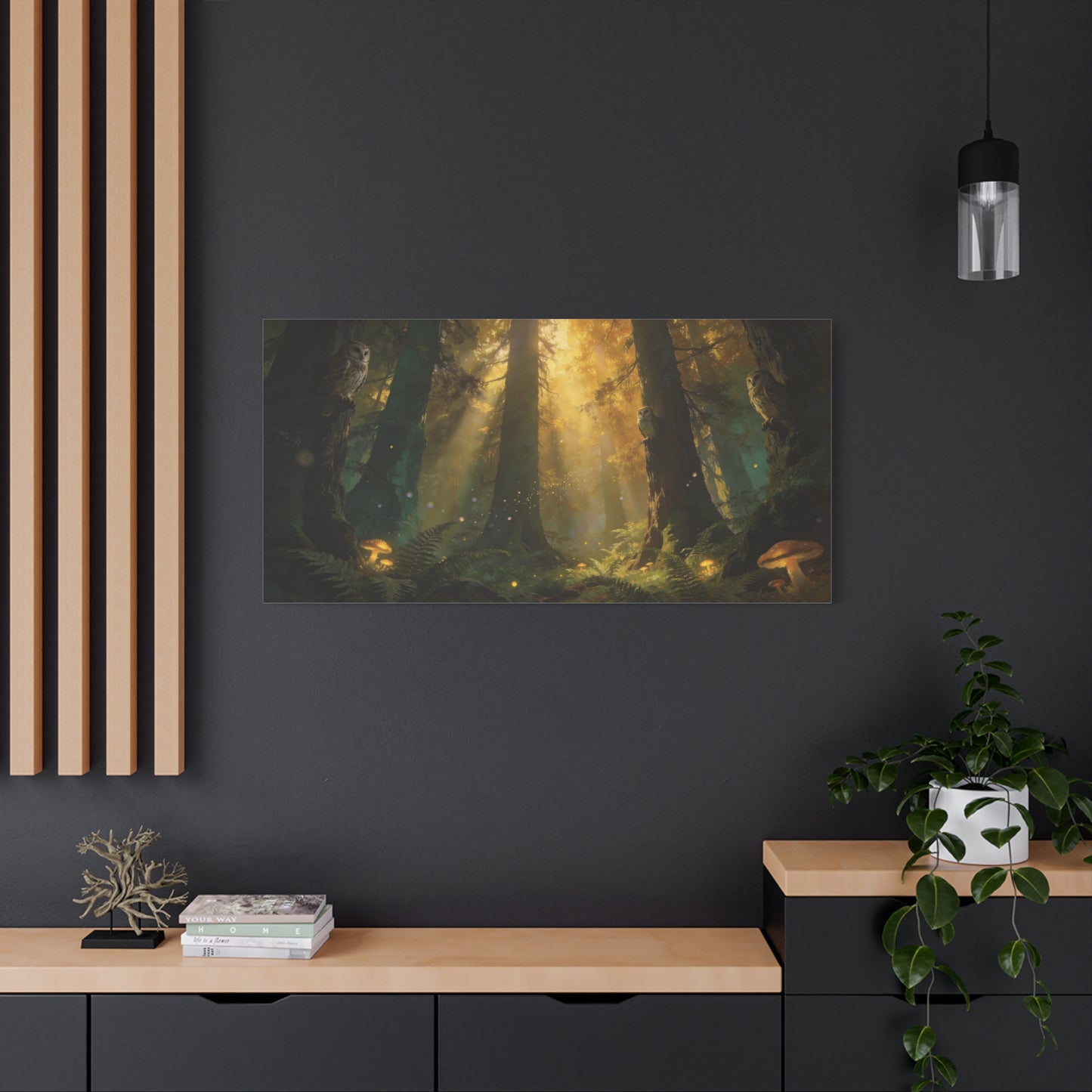 Owl Forest Canvas Wall Art - Sunbeams, Mushrooms, Fern Woodland Scene - Matte Cotton Print - Mystical Nature Style - Living Room Wall Decor, Bedroom Home Decoration - Bedroom Home Decoration