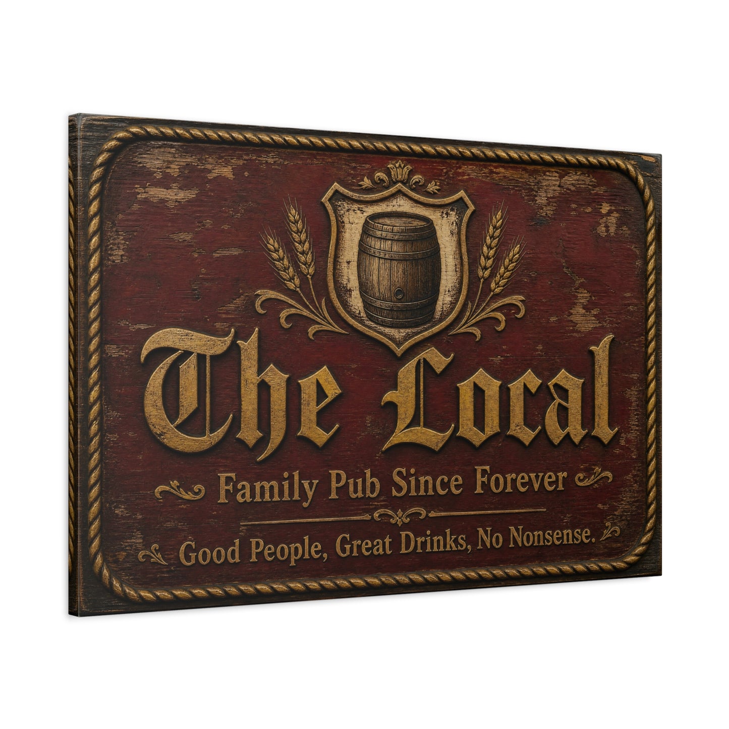 "The Local" Vintage Pub Canvas Wall Art - Rustic Tavern Sign, Barrel Crest Typography - Distressed Wood Look, Traditional Style - Bar Room Decor, Man Cave Accent, Restaurant Wall Hanging
