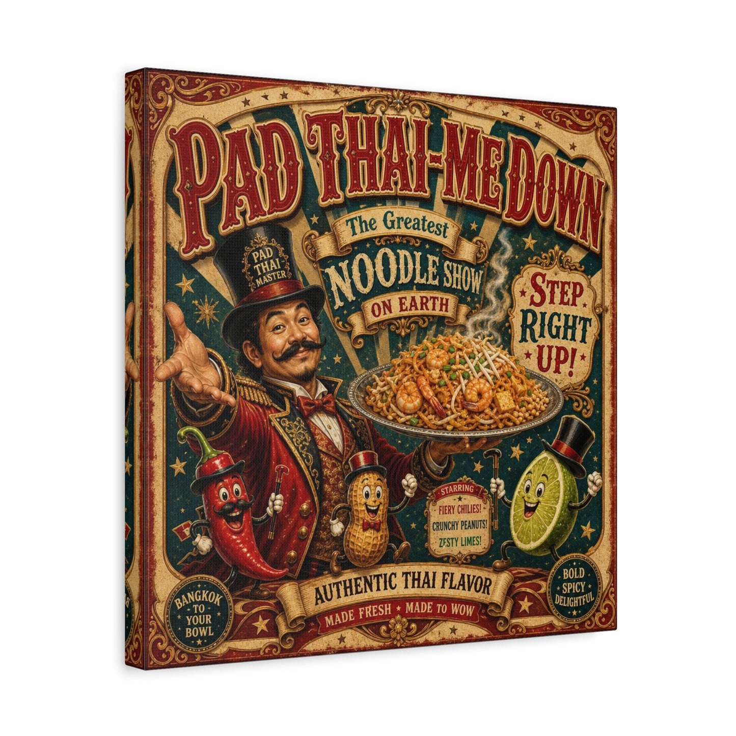 "Pad Thai-Me Down" Canvas Wall Art - Vintage Circus Noodle Poster, Typography Illustration, Whimsical Restaurant Decor, Cafe Wall Decor, Retro Kitchen Accent, Matte Canvas Print - Ready to Hang