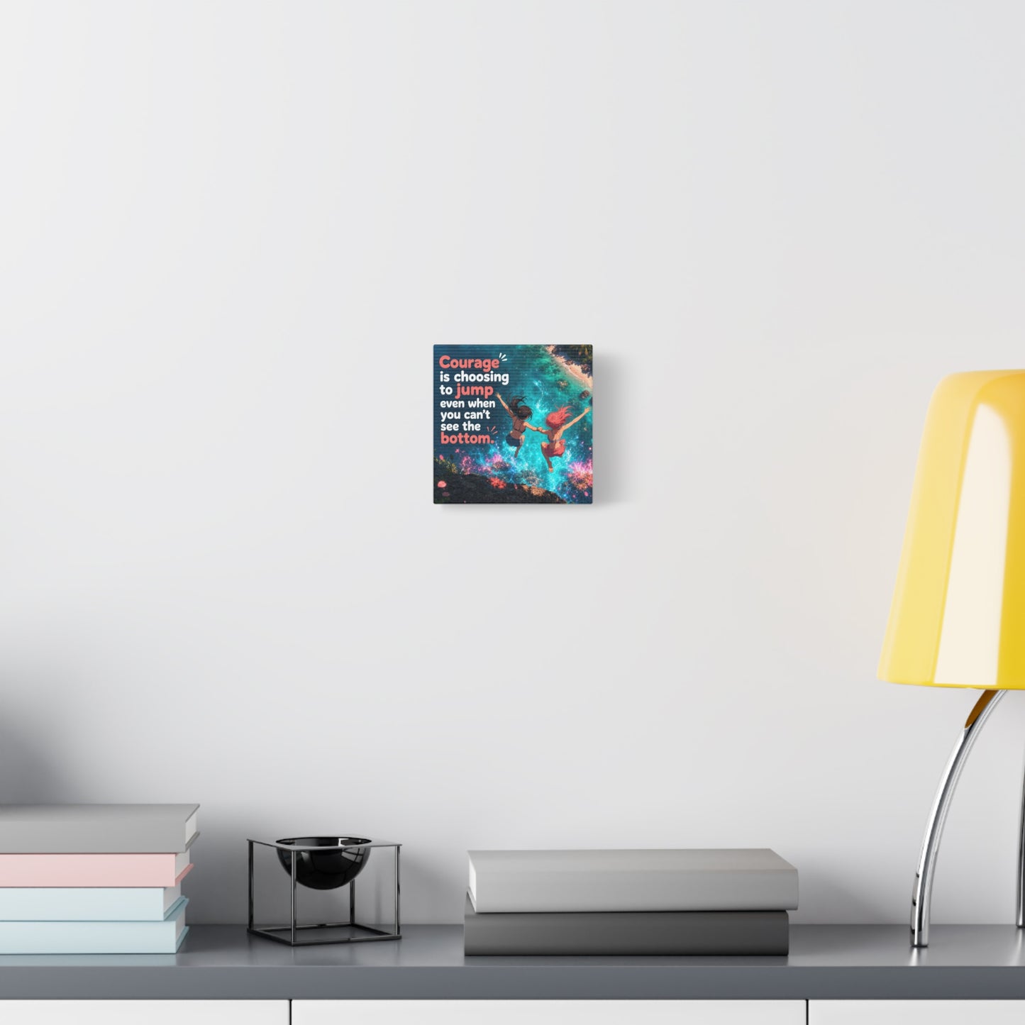 "Courage Is Choosing To Jump Even When You Can't See The Bottom" Canvas Wall Art - Coastal Quote Illustration, Inspirational Ocean Cliff Scene, Bedroom Wall Decor, Teen Space Accent - Ready to Hang