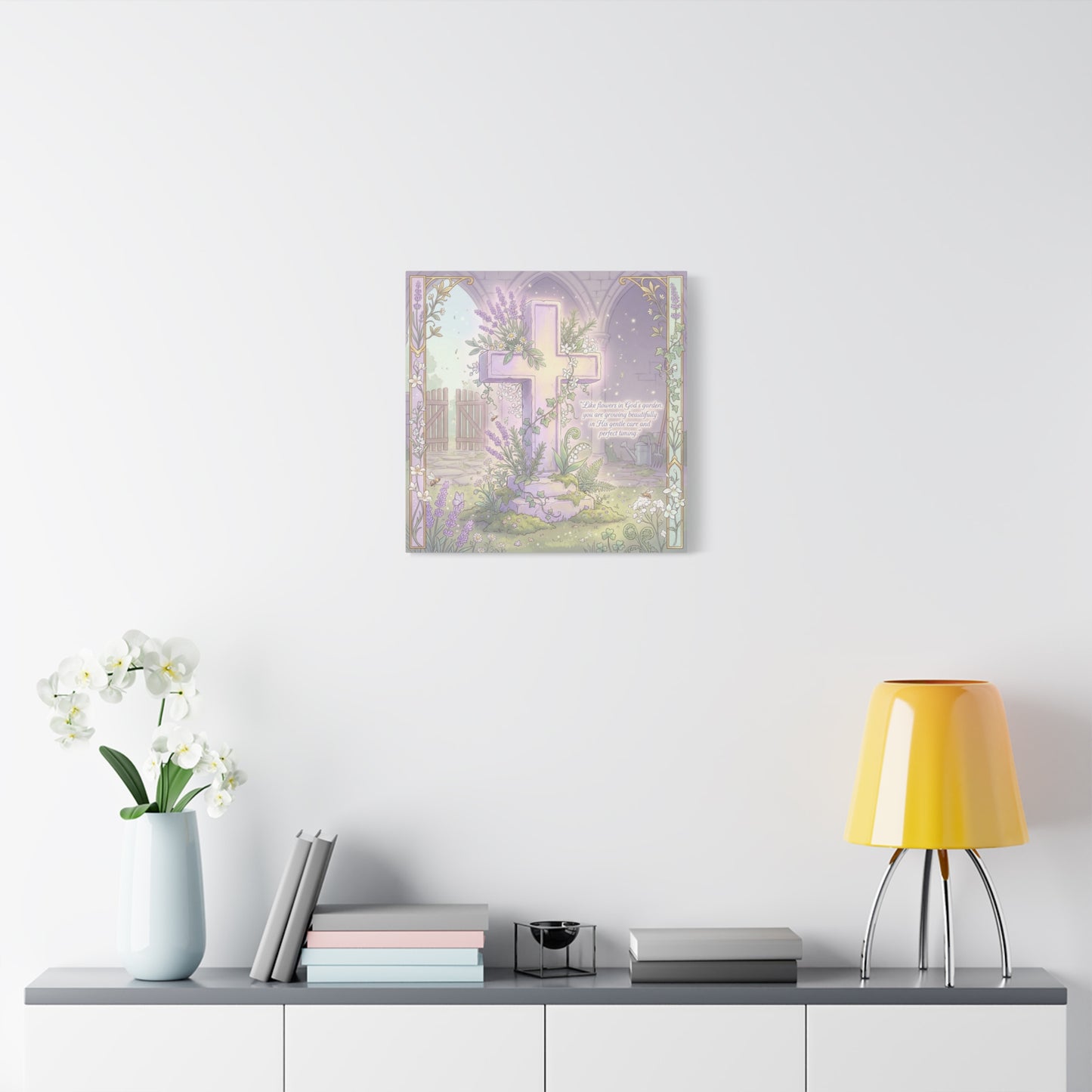 "Like Flowers In God's Garden, You Are Growing Beautifully" Christian Canvas Wall Art - Floral Cross Scripture Decor - Lavender Garden Illustration - Bedroom Home Decoration, Living Room Accent