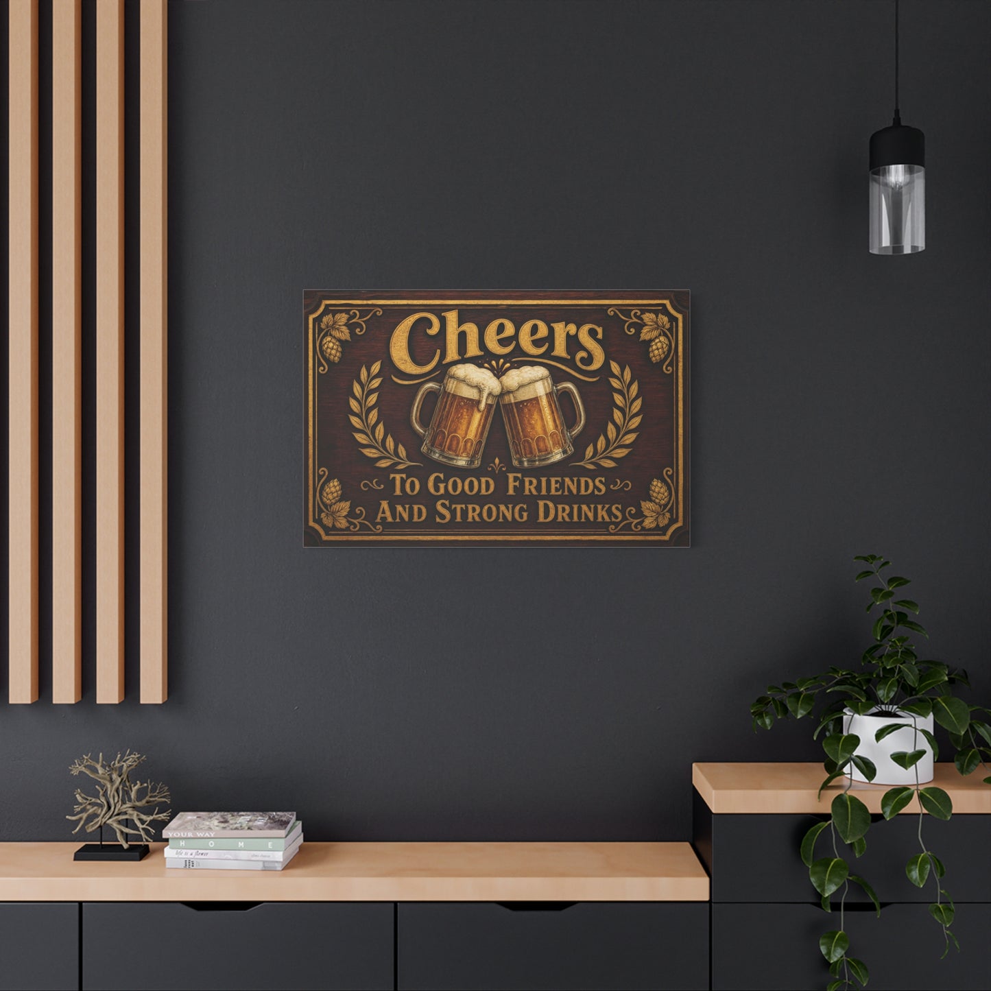 "Cheers To Good Friends And Strong Drinks" Canvas Wall Art - Vintage Beer Mug Pub Sign, Rustic Bar Decor, Brown Gold Typography Print, Man Cave Wall Hanging, Kitchen Dining Room Accent - Ready to Hang