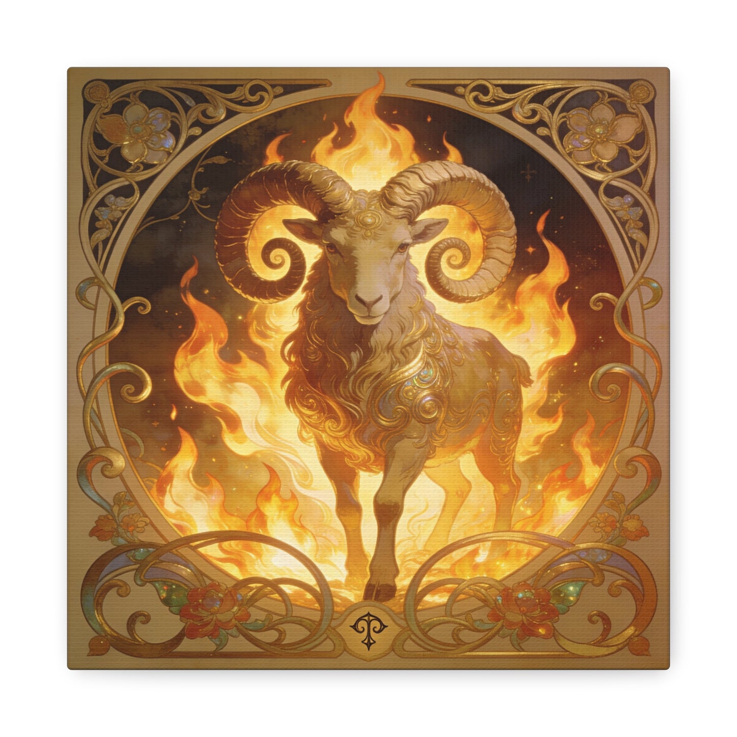 Aries Ram Canvas Wall Art - Fiery Zodiac Illustration, Ornate Gold Nouveau Design - Matte Cotton Art Print - Bohemian Astrology Decor, Bedroom Home Decoration, Office Wall Art - Modern Farmhouse Style