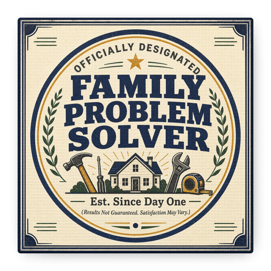 "Officially Designated Family Problem Solver" Canvas Wall Art - Vintage Typography Home Sign, Rustic Farmhouse Style, Humorous Quote Print, Living Room Wall Decor - Ready to Hang - Ready to Hang