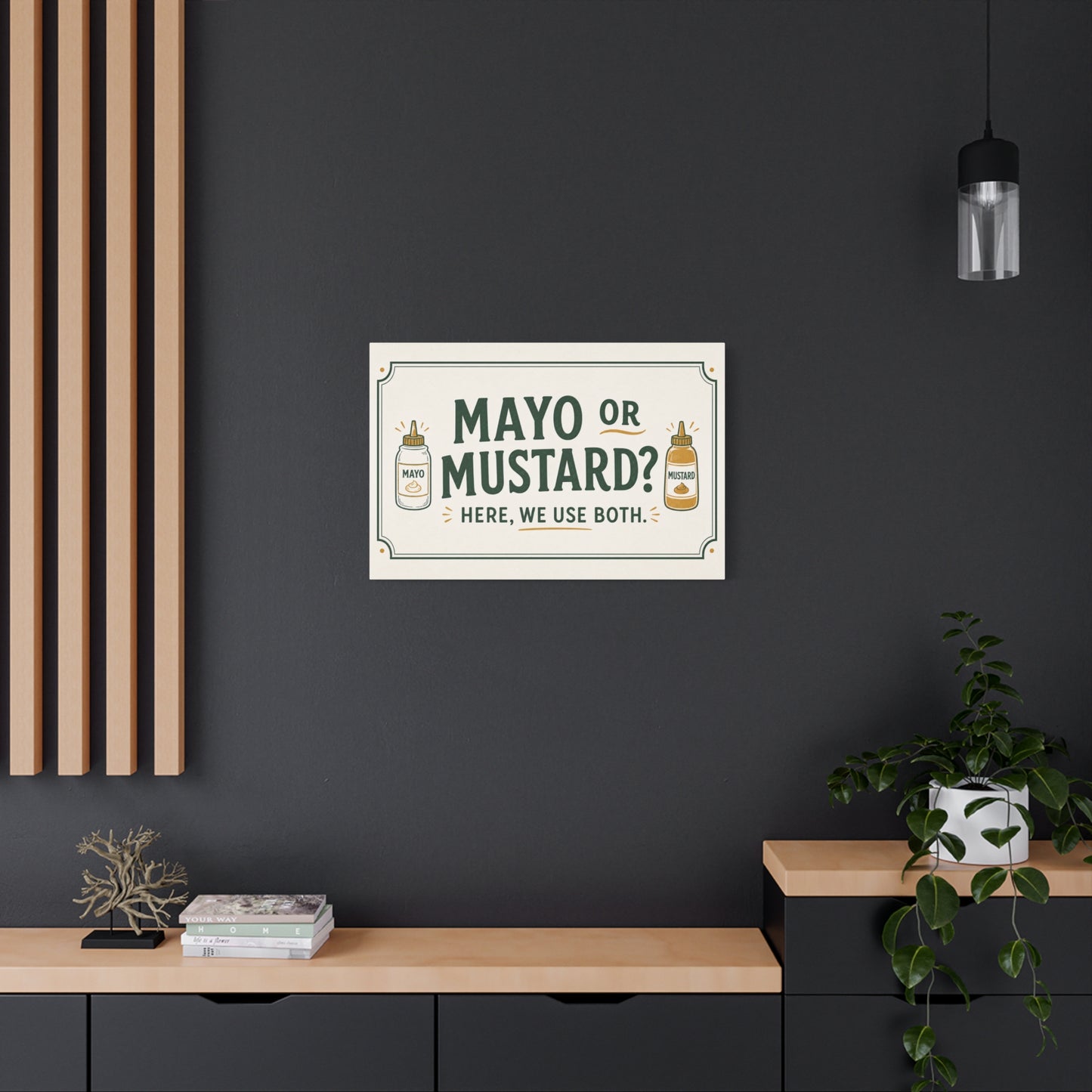 "Mayo Or Mustard Here, We Use Both." Funny Kitchen Canvas Wall Art - Condiment Quote Print, Retro Typography Food Decor, Farmhouse Dining Room Decoration - Living Room Wall Decor - Ready to Hang