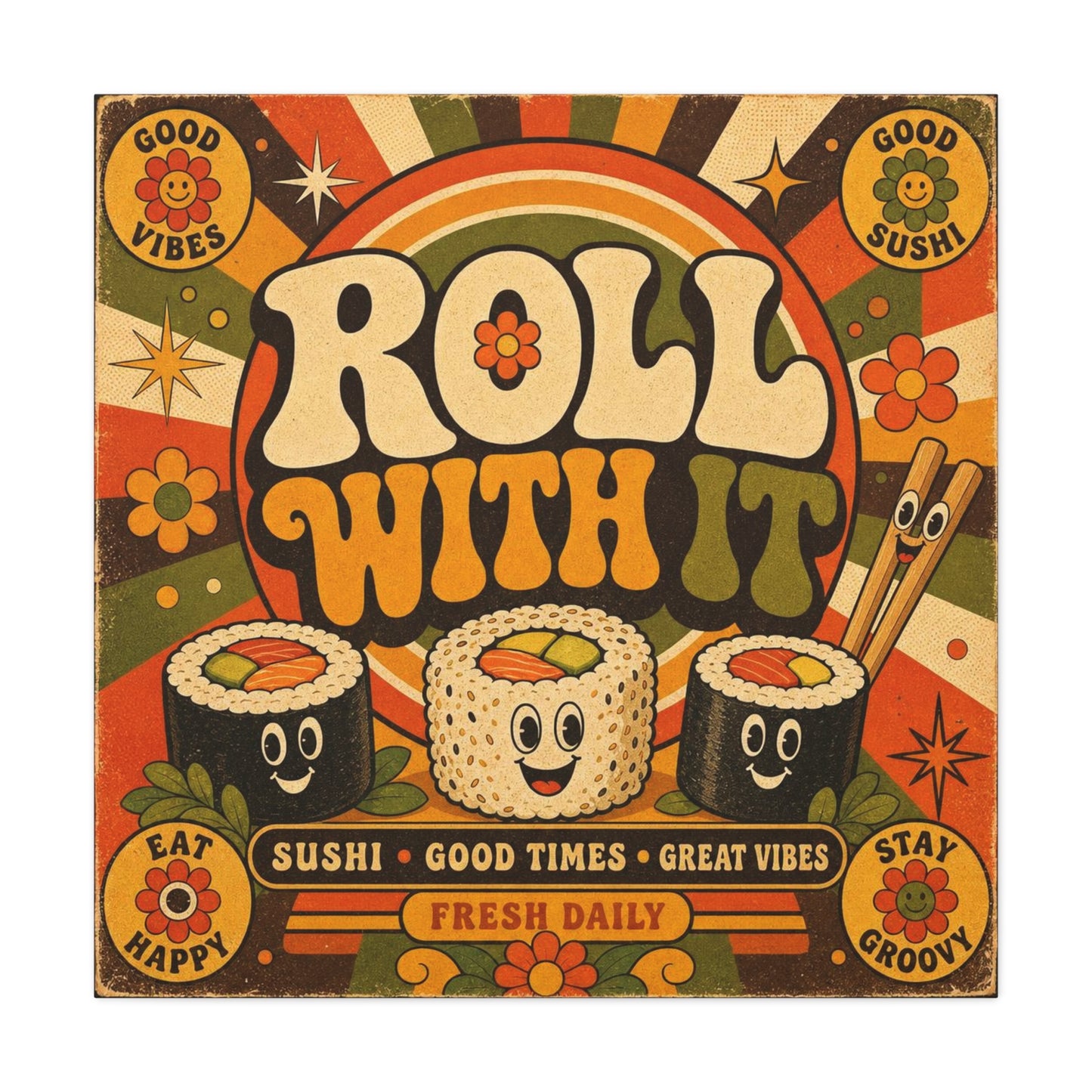 "Roll With It" Sushi Canvas Wall Art - Retro Typography Food Illustration, Groovy Orange Green Bohemian Print, Cafe Wall Decor, Kitchen Room Decoration, Vintage Poster Style - Bedroom Home Decoration