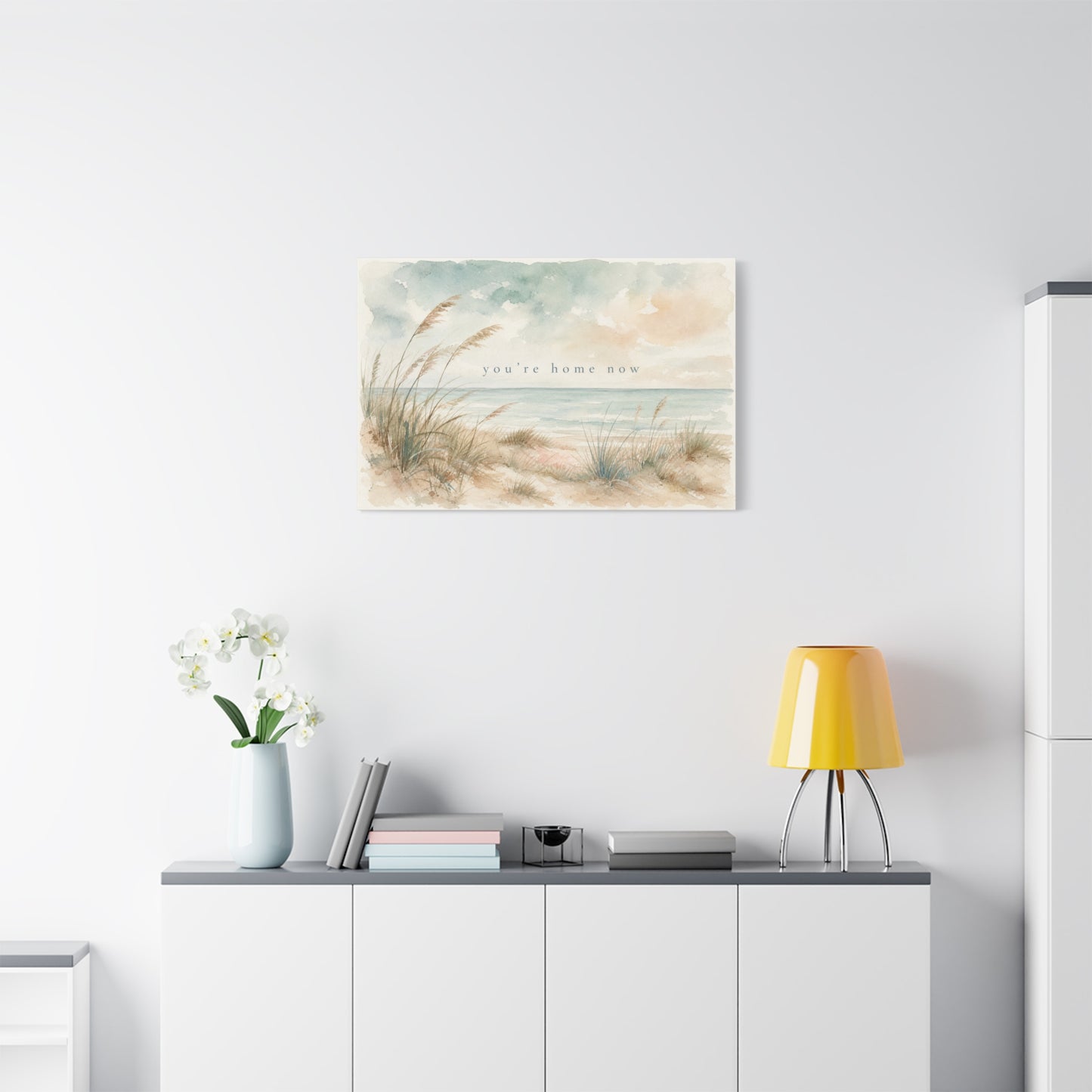 "You'Re Home Now" Coastal Canvas Wall Art - Beach Dune Watercolor Seascape - Soft Blue Beige Shore Scene - Traditional Coastal Style - Living Room Wall Decor, Bedroom Home Decoration - Ready to Hang