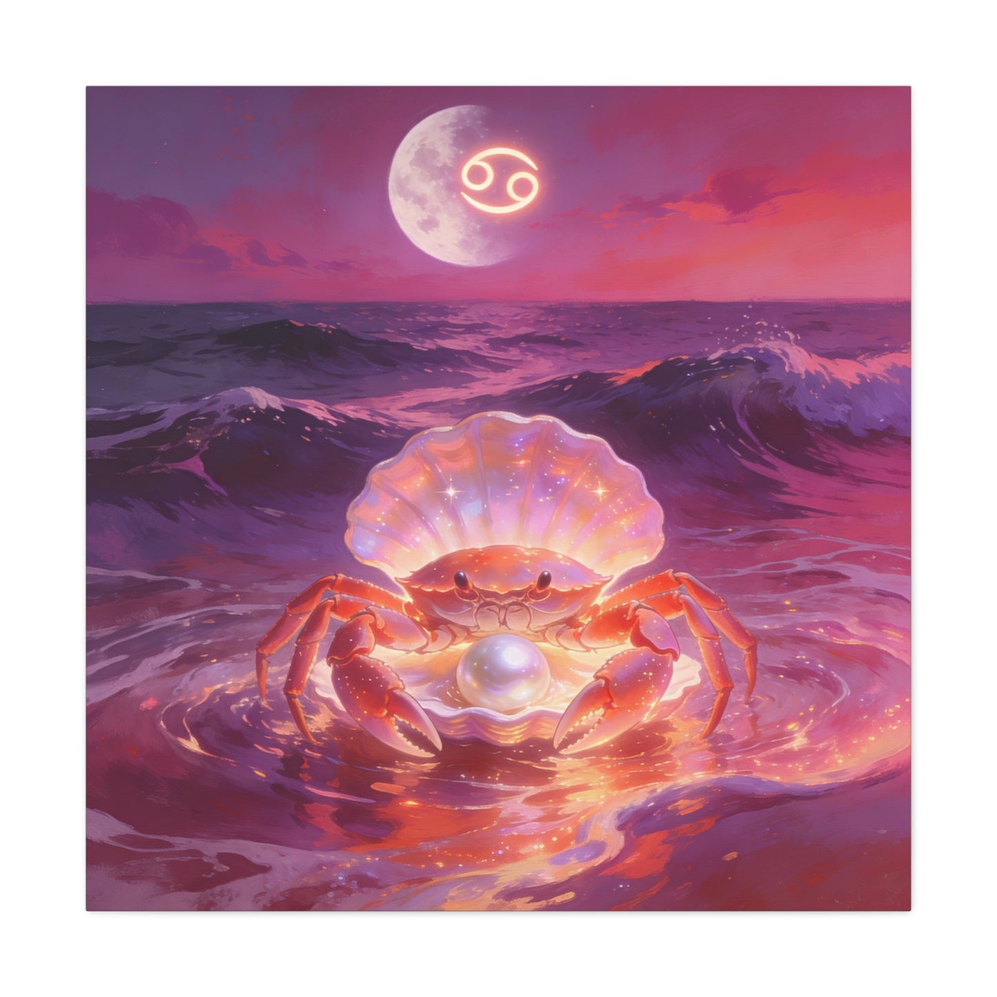 Cancer Zodiac Crab Canvas Wall Art - Moonlit Ocean Pearl Illustration, Pink Purple Seascape - Surreal Coastal Style - Living Room Wall Decor, Bedroom Home Decoration - Bedroom Home Decoration