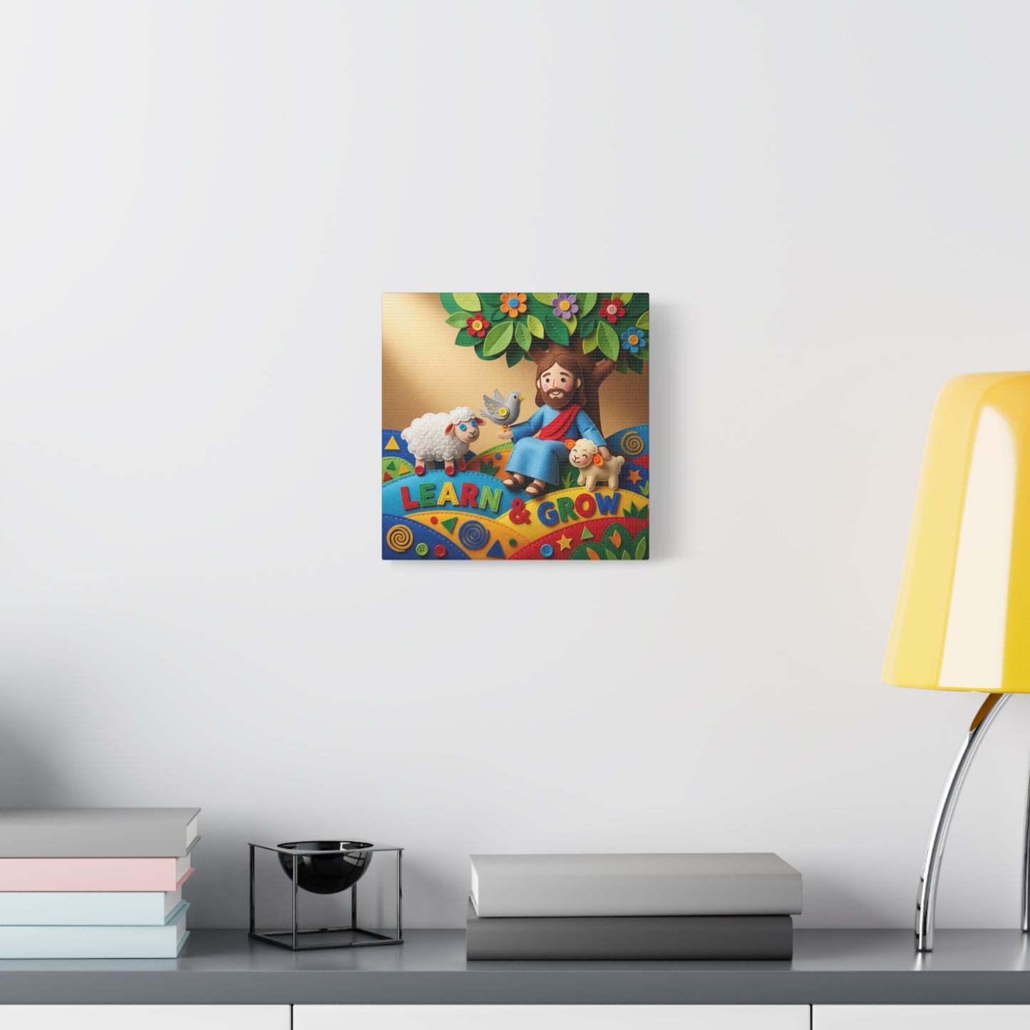 "Learn & Grow" Jesus Canvas Wall Art - Christian Nursery Decor, Lamb And Dove Under Tree - Colorful Felt Style Canvas Print - Kids Room Wall Hanging, Classroom Decoration - Ready to Hang