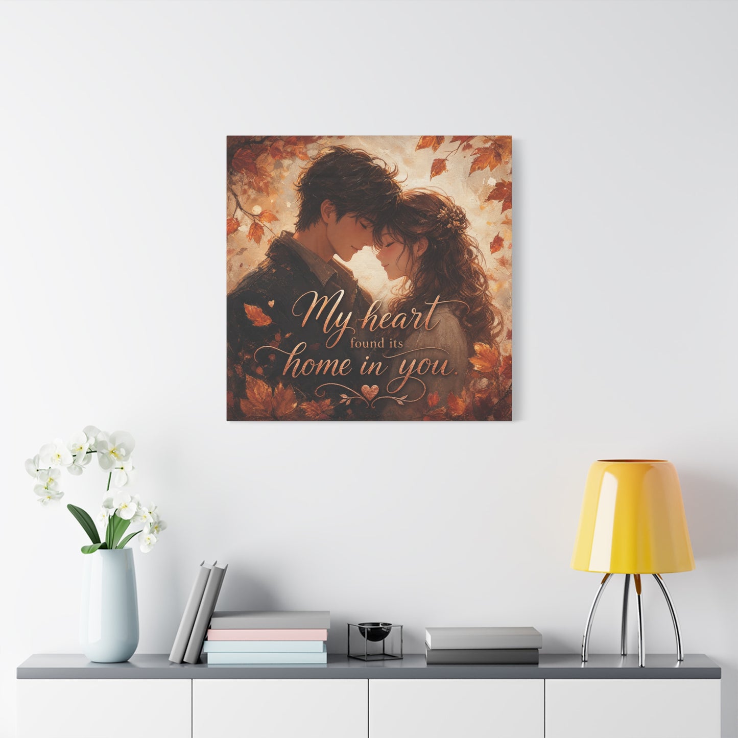 "My Heart Found Its Home In You" Romantic Couple Canvas Wall Art - Autumn Leaves Love Quote Print, Warm Rustic Traditional Style - Bedroom Wall Decor - Ready to Hang - Bedroom Home Decoration