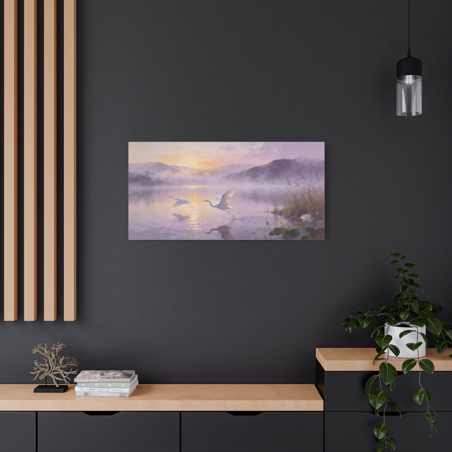 White Egret Canvas Wall Art - Misty Lake Sunrise Birds, Lotus Water Scene - Serene Impressionist Canvas Print - Bedroom Wall Decor, Living Room Home Decoration - Bedroom Home Decoration