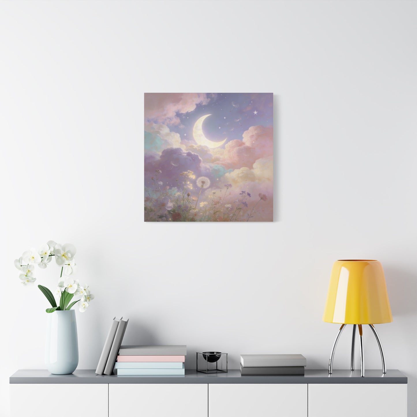 Crescent Moon Canvas Art Print - Dreamy Pastel Clouds, Dandelion Sky, Celestial Floral Scene - Cotton Matte Artwork - Lavender Nursery Accent, Bedroom Decoration, Meditation Space Decor