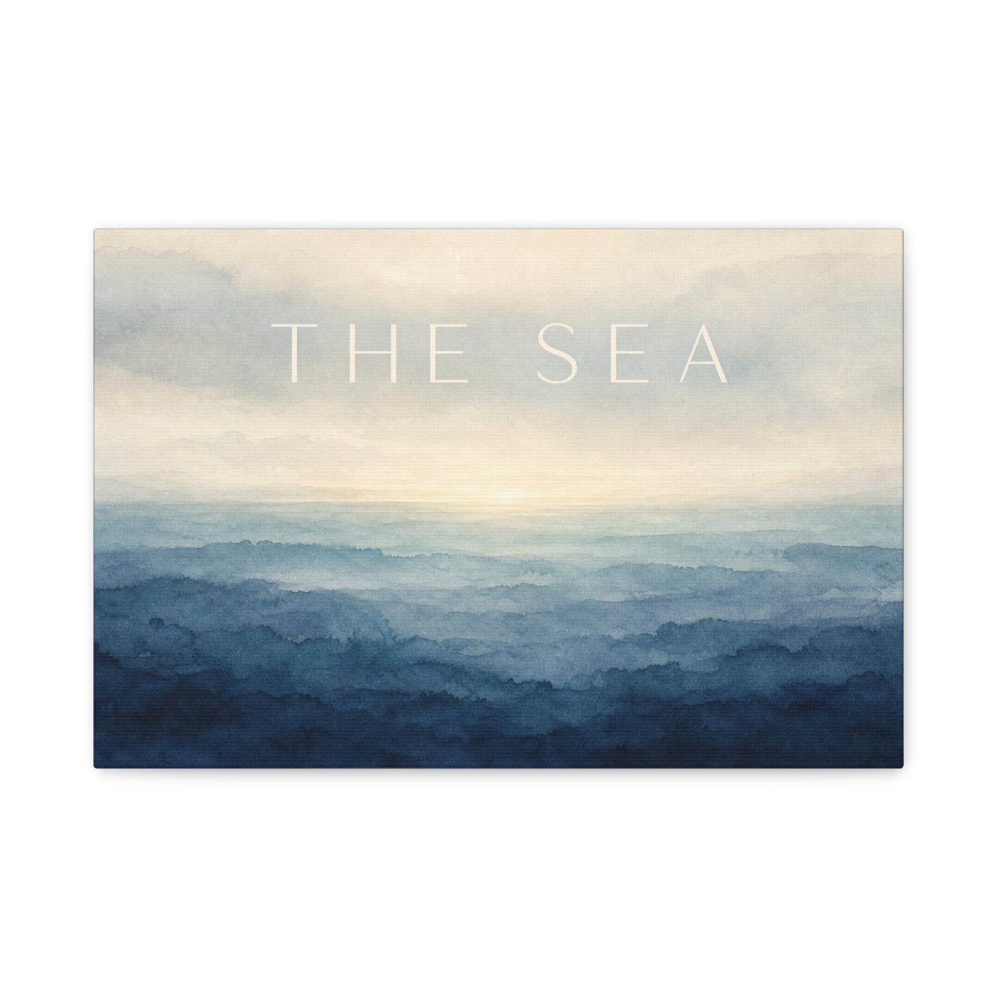 "The Sea" Coastal Canvas Wall Art - Blue Ocean Horizon Watercolor Typography Print - Serene Minimalist Seascape Decor - Bedroom Wall Hanging, Living Room Home Decoration, Meditation Space