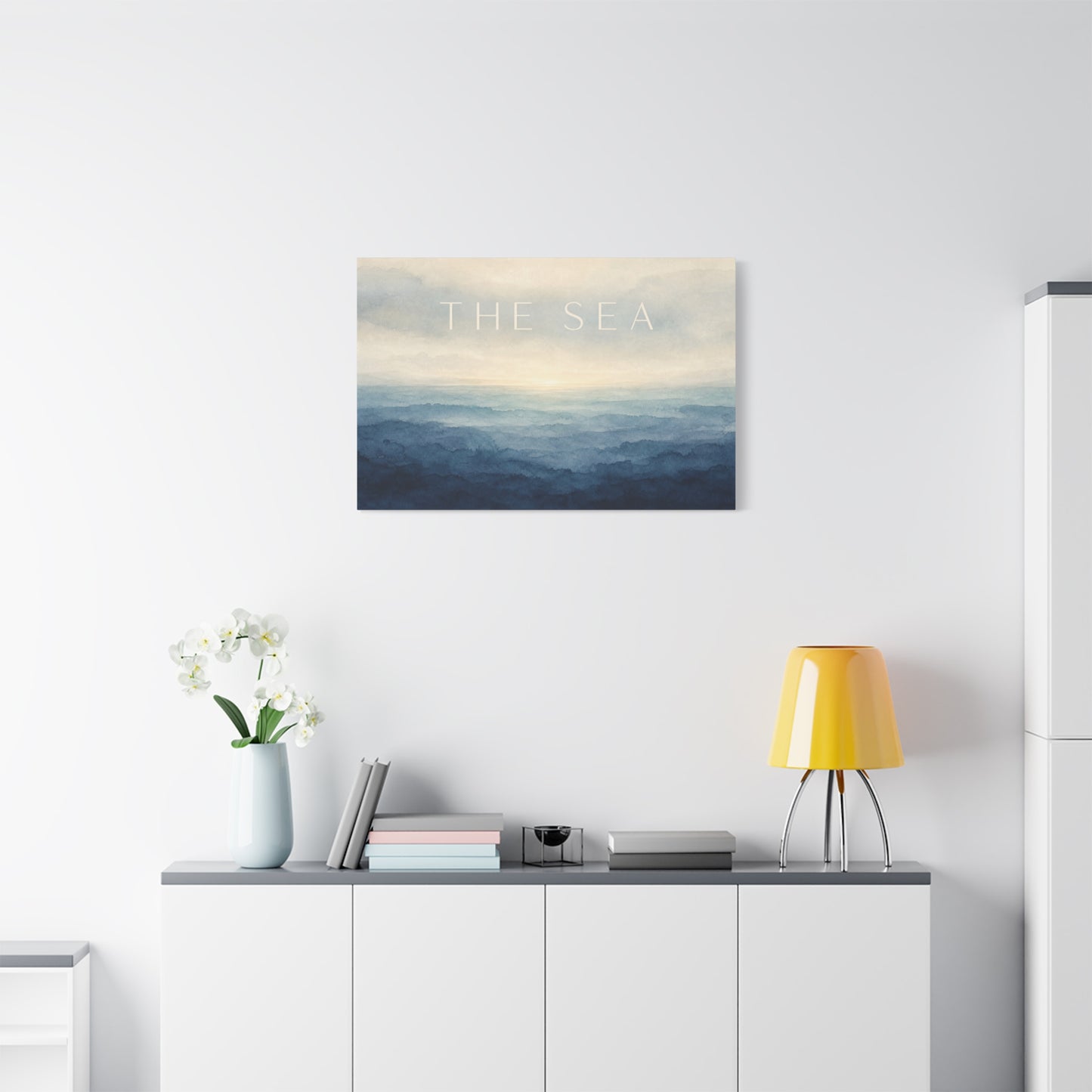 "The Sea" Coastal Canvas Wall Art - Blue Ocean Horizon Watercolor Typography Print - Serene Minimalist Seascape Decor - Bedroom Wall Hanging, Living Room Home Decoration, Meditation Space