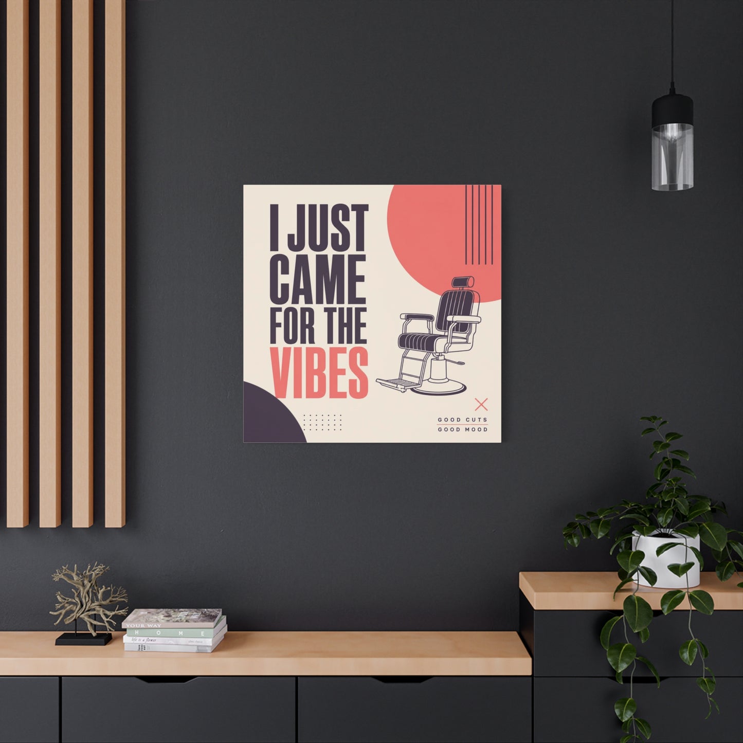 "I Just Came For The Vibes" Typography Canvas Wall Art - Barber Chair Line Illustration, Coral And Black Modern Salon Wall Decor - Minimalist Quote Print For Barbershop Lobby Workspace - Ready to Hang