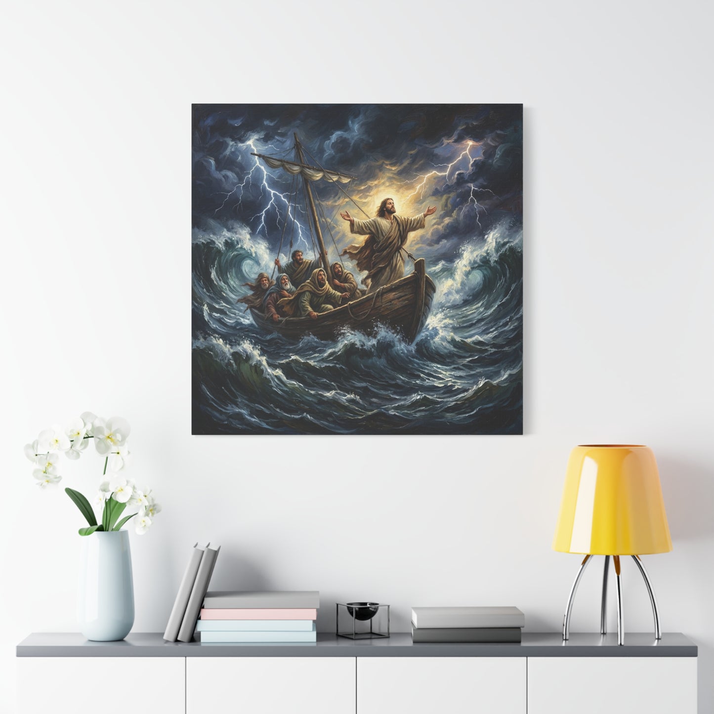 Jesus Calming The Storm Canvas Wall Art - Bible Boat Sea Scene, Dramatic Lightning Waves - Cotton Matte Print - Traditional Religious Decor For Living Room Office Bedroom - Living Room Wall Decor