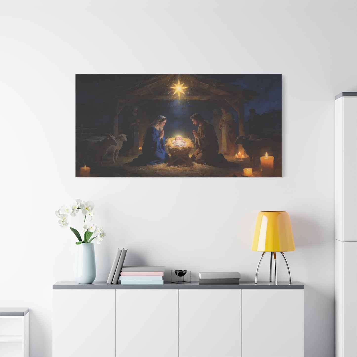 Nativity Scene Canvas Wall Art - Virgin Mary, Joseph, Baby Jesus In Manger - Starry Stable Religious Print - Traditional Christian Decor - Living Room Wall Decor Bedroom Home Decoration