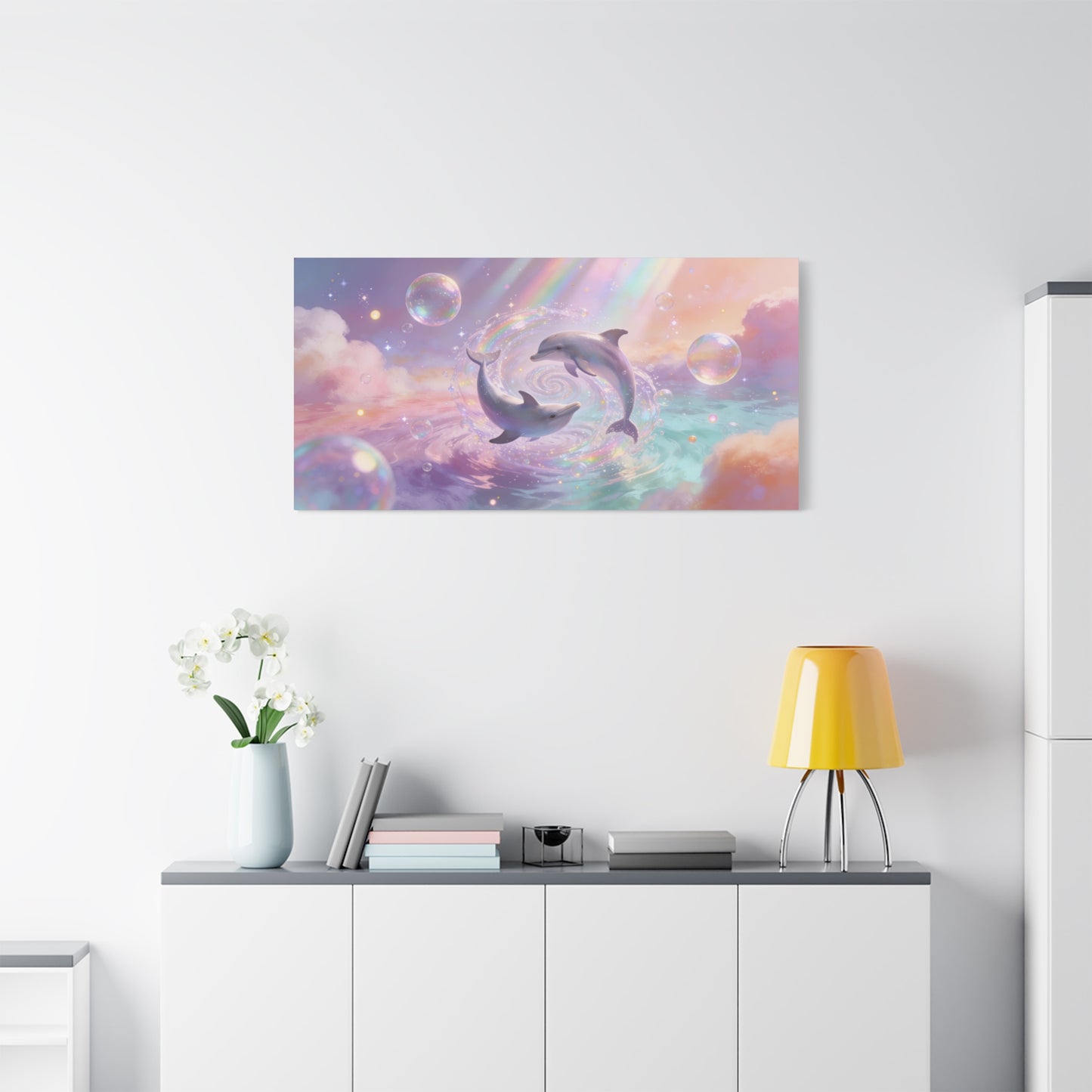 Dolphin Canvas Wall Art - Dreamy Ocean Swirl, Pastel Sky And Rainbow Light - Cotton Canvas Print - Whimsical Contemporary Style - Living Room Wall Decor, Bedroom Home Accent - Bedroom Home Decoration