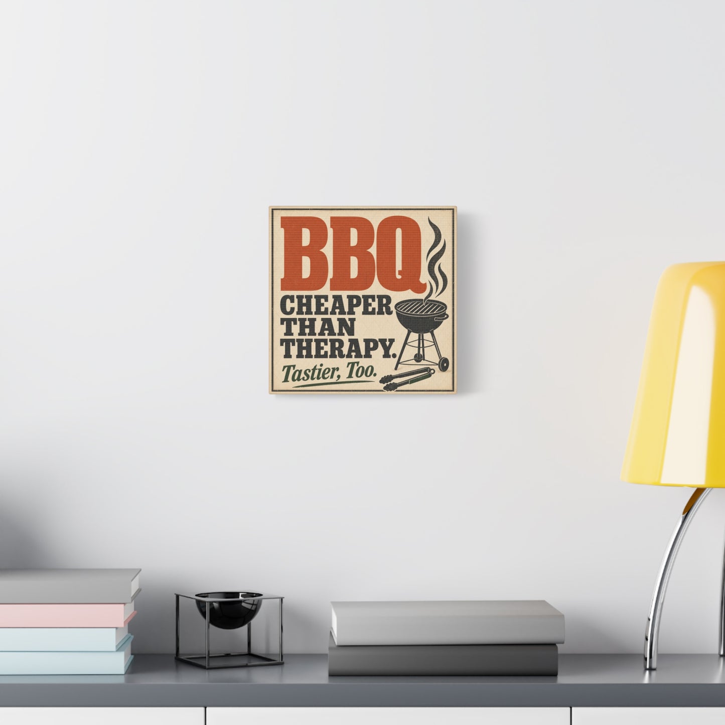 "BBQ Cheaper Than Therapy. Tastier, Too." Canvas Wall Art - Vintage Grill Quote Kitchen Decor - Rustic Typography Print, Farmhouse Barbecue Sign - Modern Farmhouse Style - Living Room Wall Decor