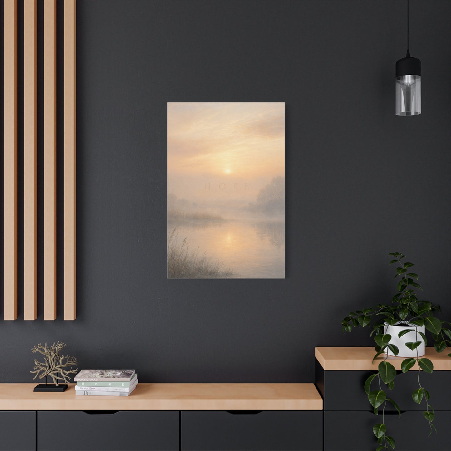 "Hope" Misty Sunrise Lake Canvas Wall Art - Serene Landscape Print, Inspirational Bedroom Wall Decor, Soft Neutral Home Decoration, Contemporary Meditation Space Accent - Bedroom Home Decoration