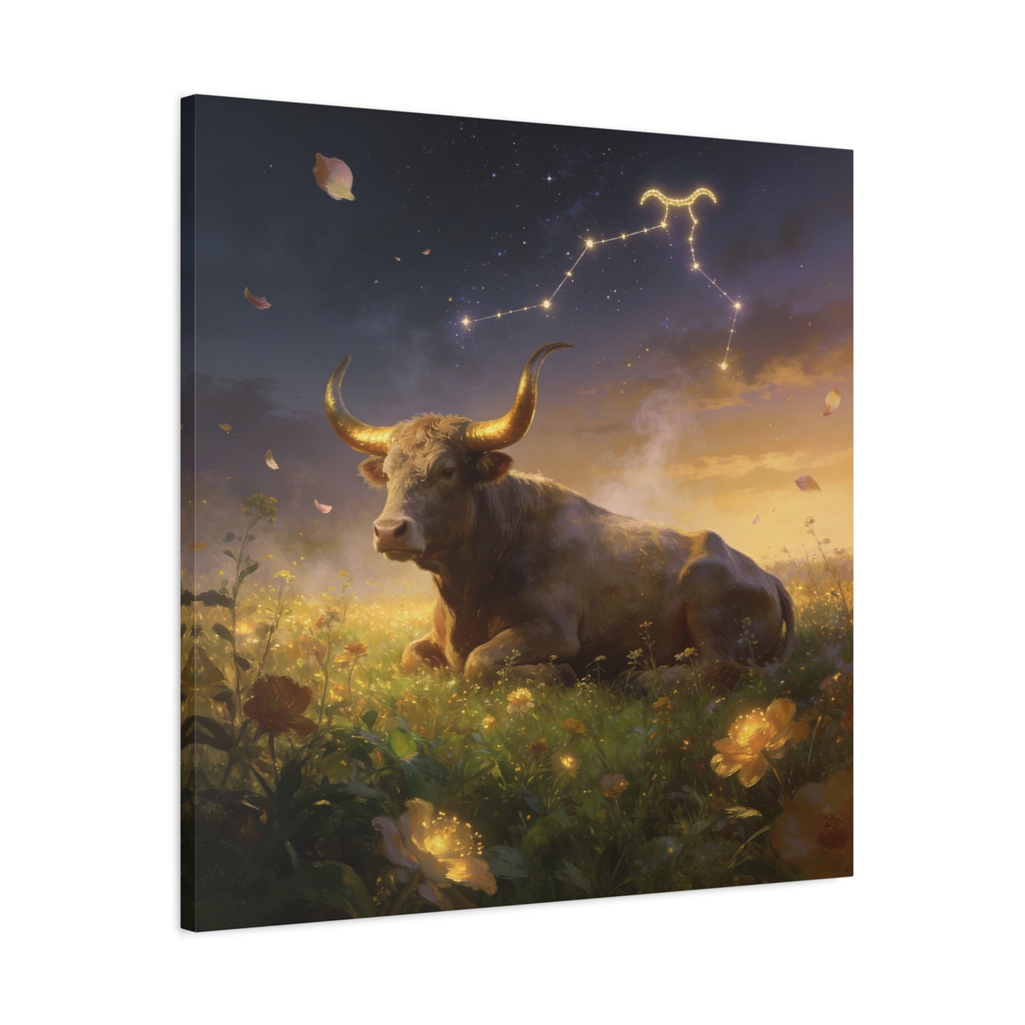 Taurus Zodiac Bull Canvas Wall Art - Celestial Constellation Night Meadow, Golden Horns, Dreamy Illustration - Matte Cotton Print - Bedroom Home Decoration, Office Wall Decor - Bedroom Home Decoration