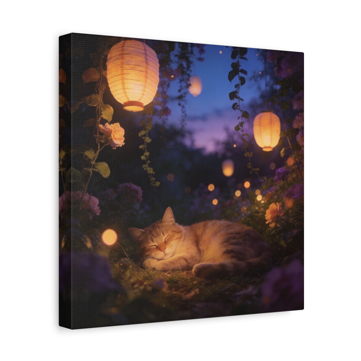 Sleeping Cat Canvas Wall Art - Lantern Lit Garden Night Scene, Dreamy Floral Canvas Print - Calming Cottagecore Style, Bedroom Wall Decor, Living Room Home Decoration - Bedroom Home Decoration