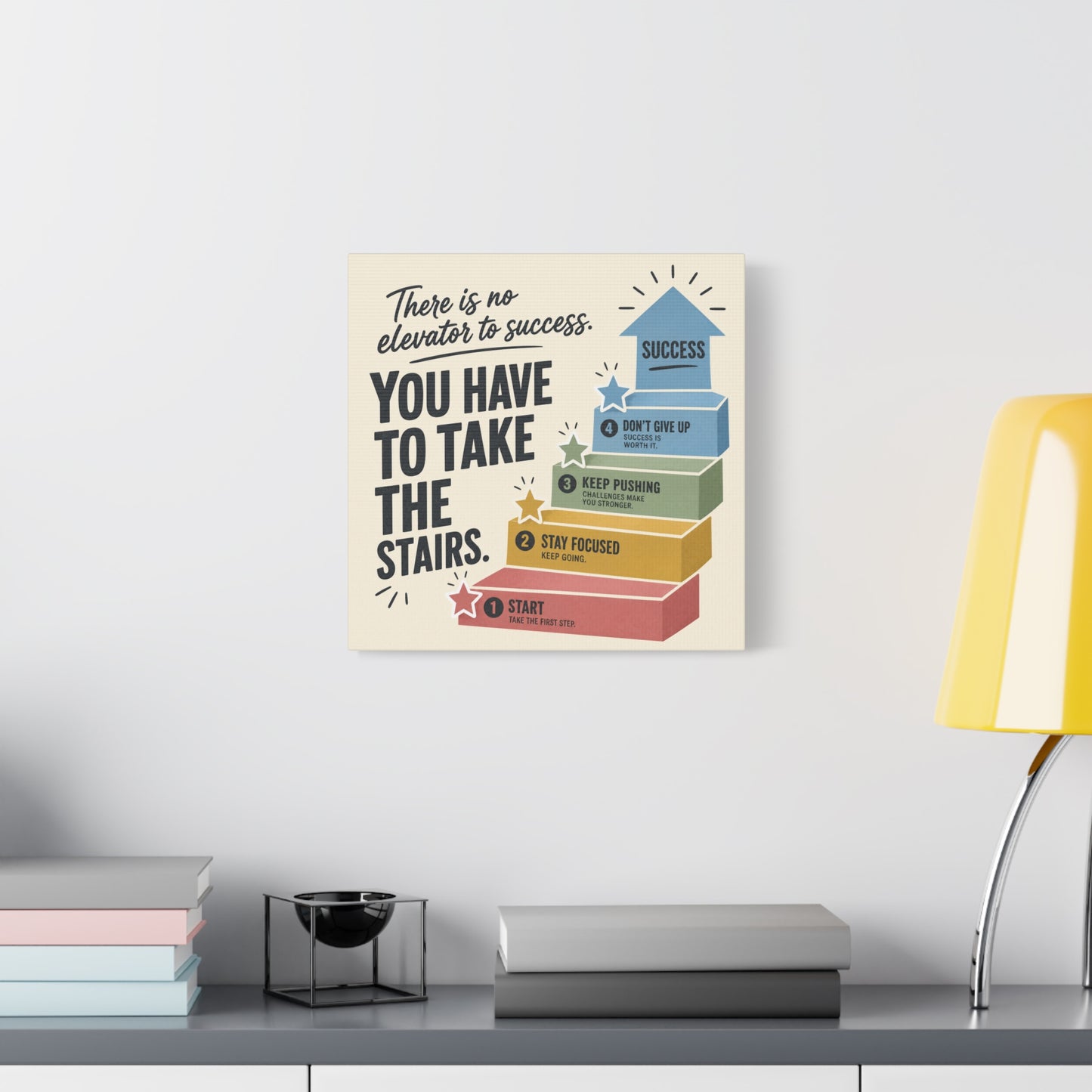 "There Is No Elevator To Success. You Have To Take The Stairs." Motivational Canvas Wall Art - Typography Quote Print, Office Decor, Classroom Poster, Modern Inspirational Home Decoration