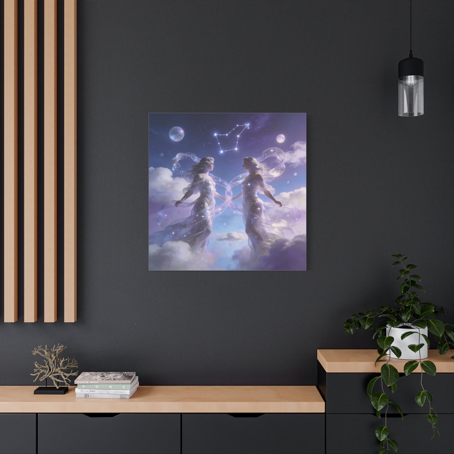 Gemini Zodiac Canvas Wall Art - Celestial Twin Women Under Constellation, Dreamy Fantasy Sky Scene - Matte Cotton Art Print - Bedroom Wall Decor, Meditation Space Accent - Bedroom Home Decoration