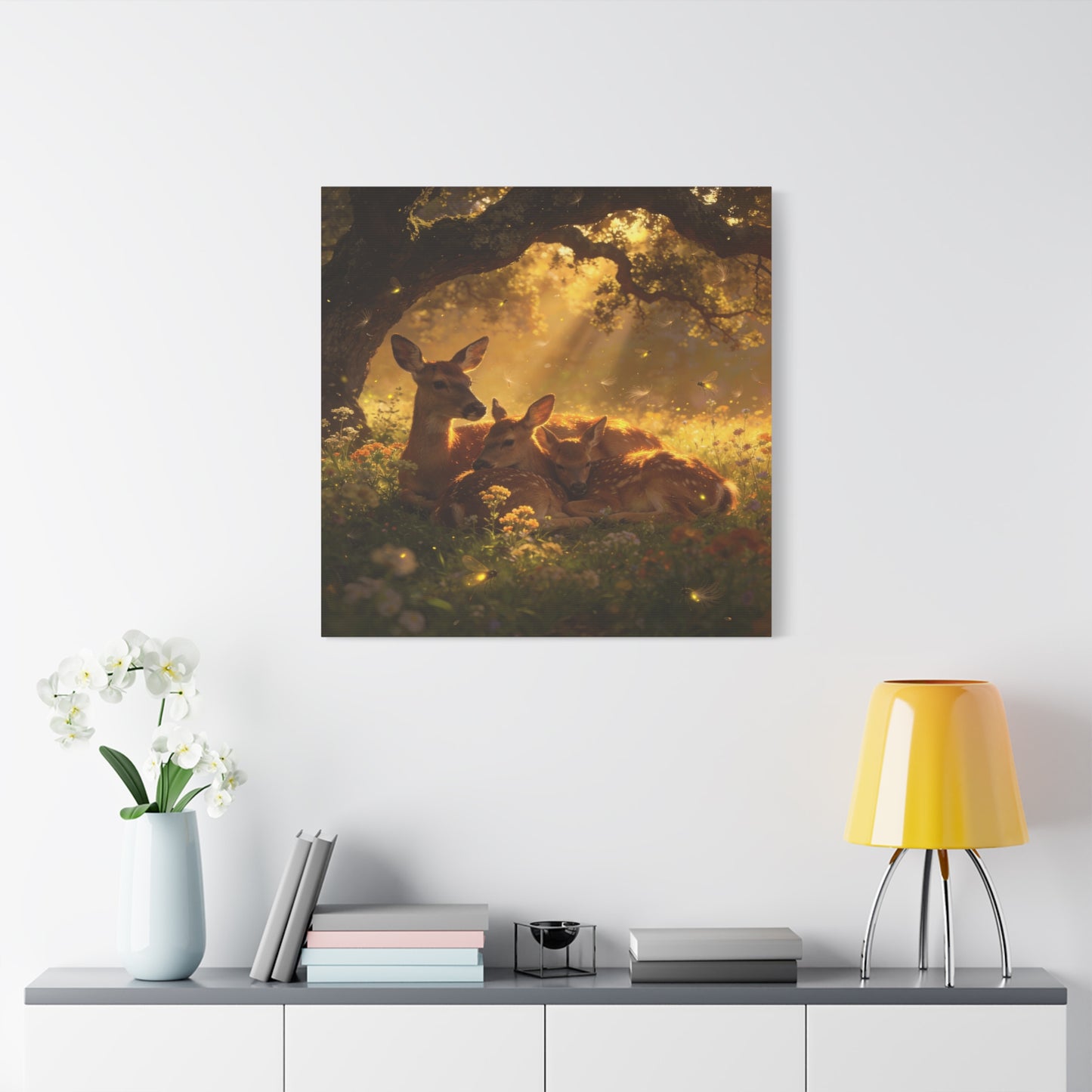 Doe And Fawns Canvas Wall Art - Woodland Deer Family In Golden Light, Whimsical Nature Scene - Matte Finish Cotton Print - Rustic Traditional Style - Bedroom Wall Decor - Bedroom Home Decoration