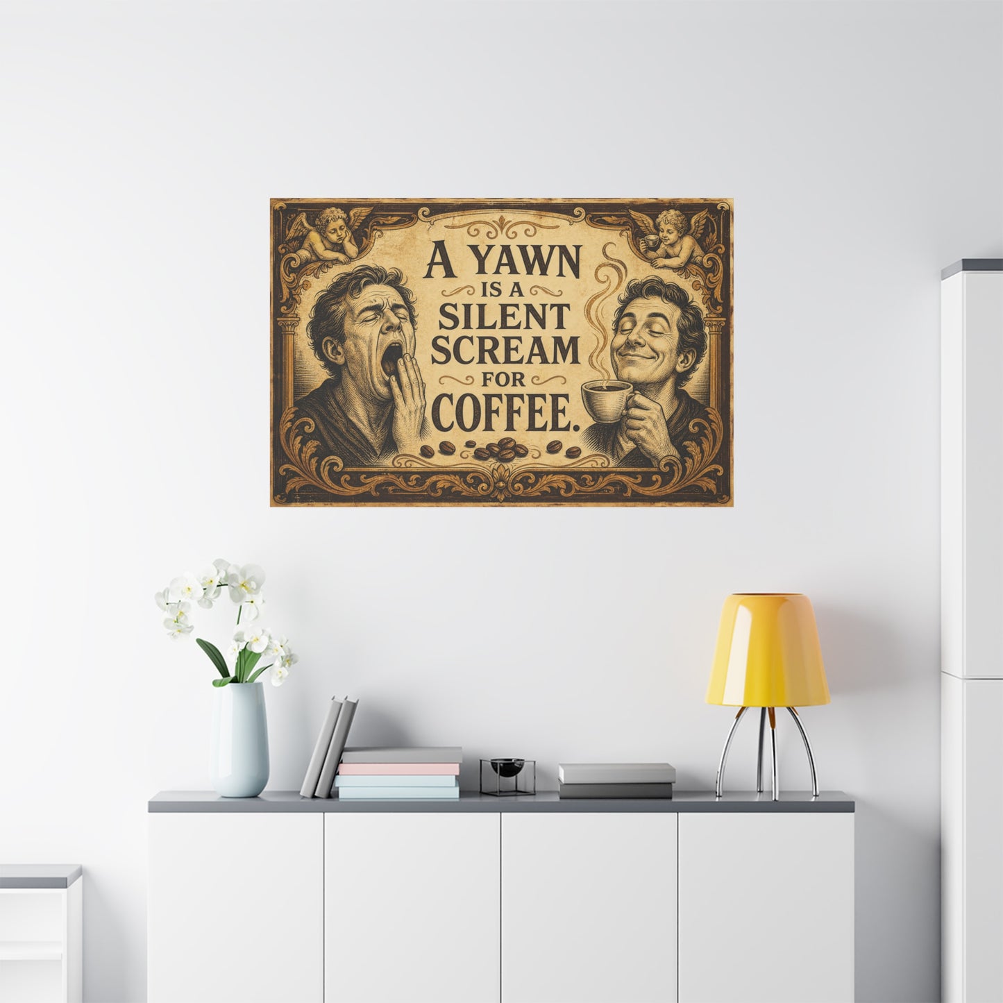 "A Yawn Is A Silent Scream For Coffee" Funny Coffee Canvas Wall Art - Vintage Cherub Quote Print, Sepia Cafe Style, Office Humor - Cafe Wall Art - Bistro Decor - Espresso Bar Sign - Ready to Hang