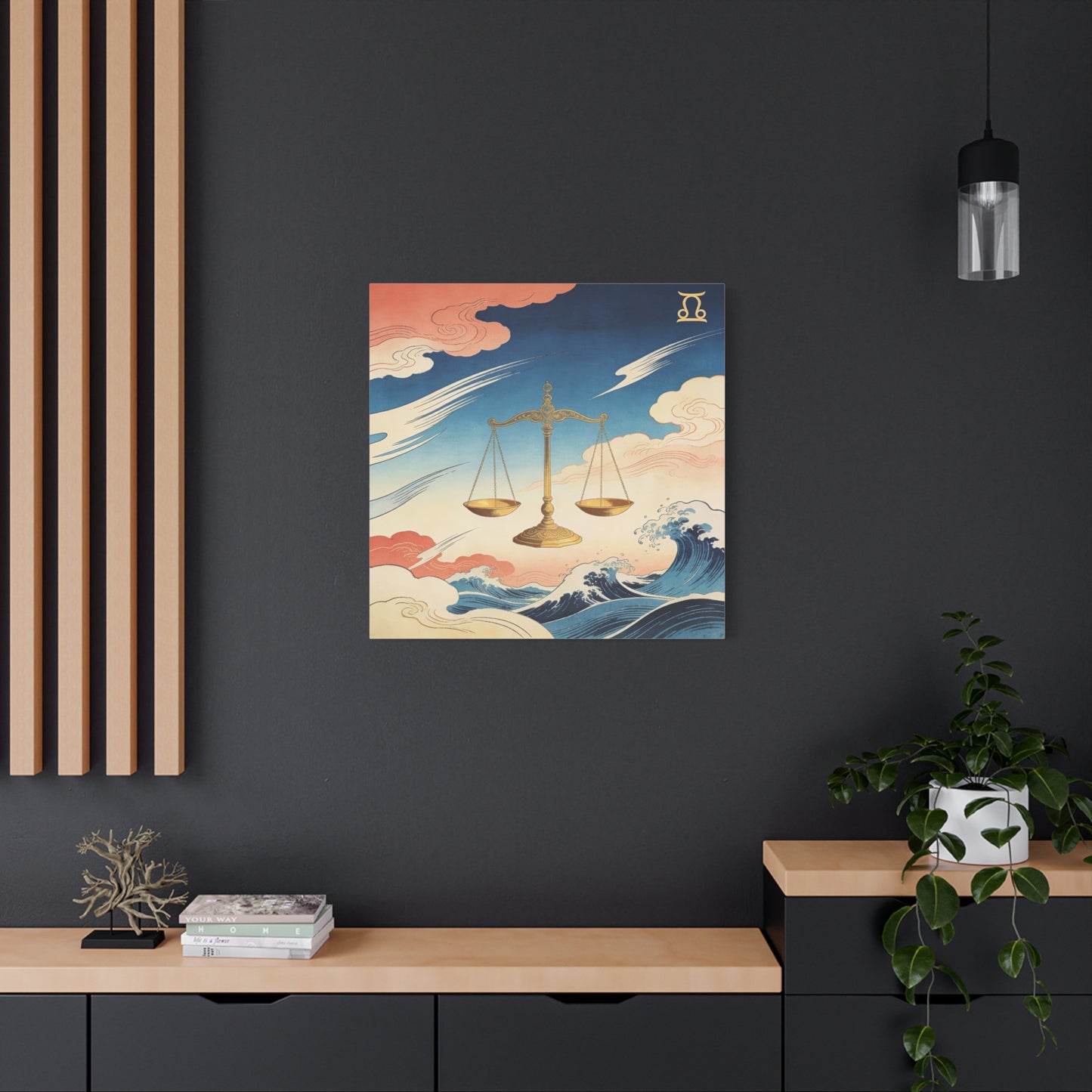 Libra Zodiac Canvas Wall Decor - Vintage Japanese Wave Scales Illustration - Celestial Astrology Print, Gold Balance Symbol, Traditional Style, Bedroom Home Decoration - Living Room Wall Decor